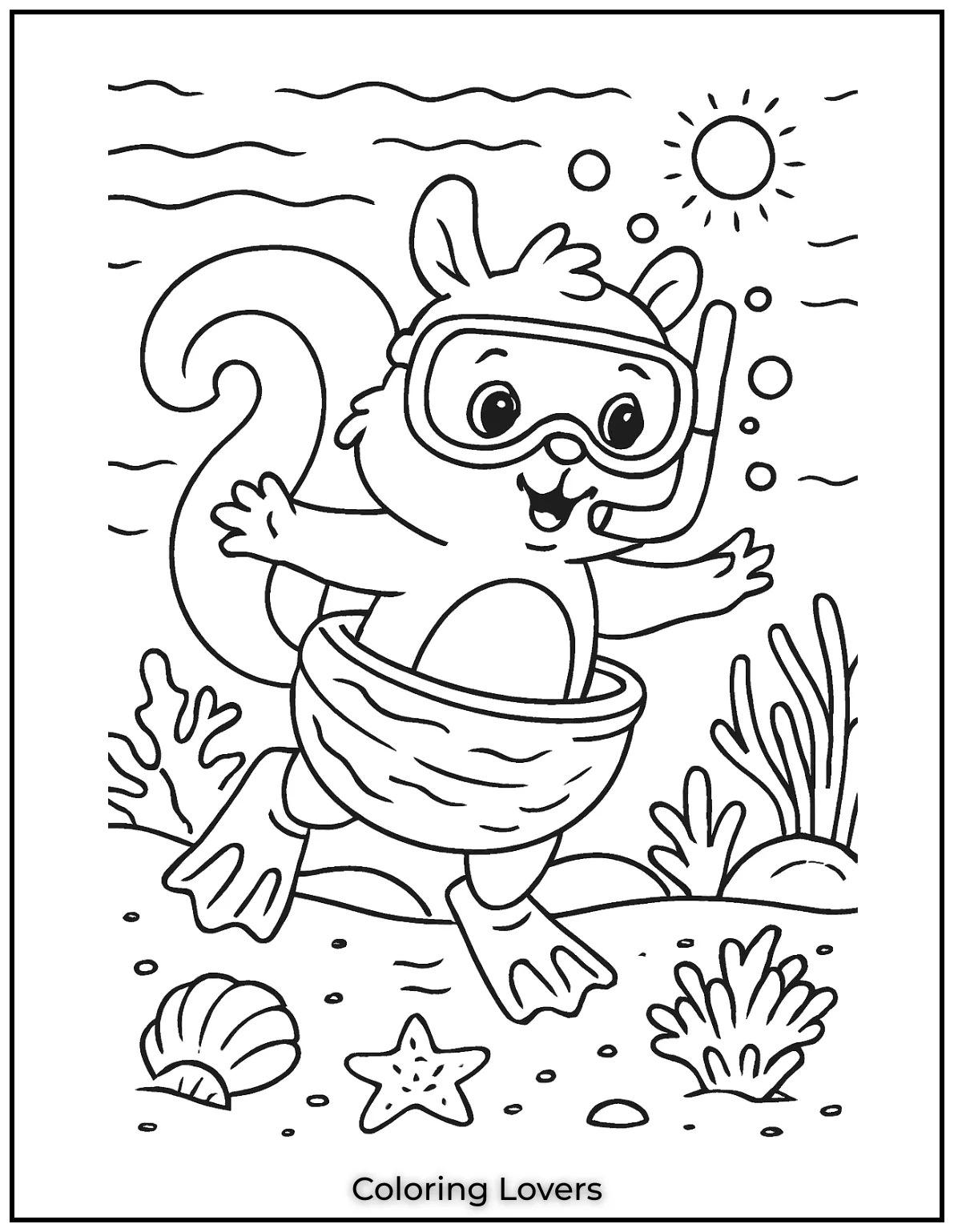 This adventurous squirrel is ready to explore the water with its snorkel gear. I imagined it splashing around discovering underwater wonders