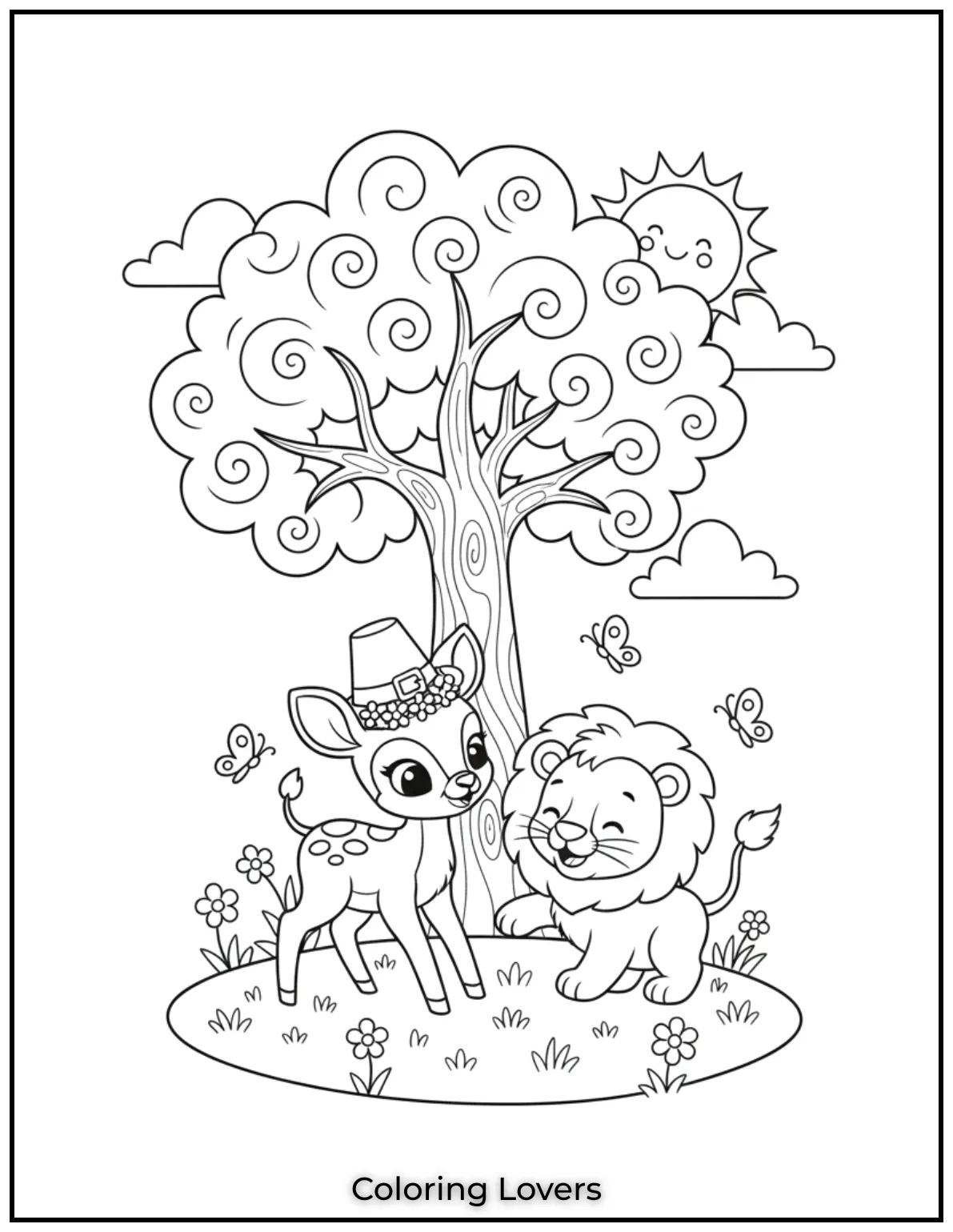 This baby deer and lion cub play under a swirly tree. A friendly moment full of color and charm