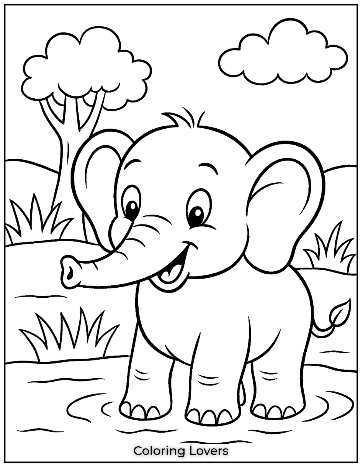 Unique Elephant Coloring Pages for Kids 32 This baby elephant standing in water makes for a fun and simple elephant coloring page for kids to enjoy 1