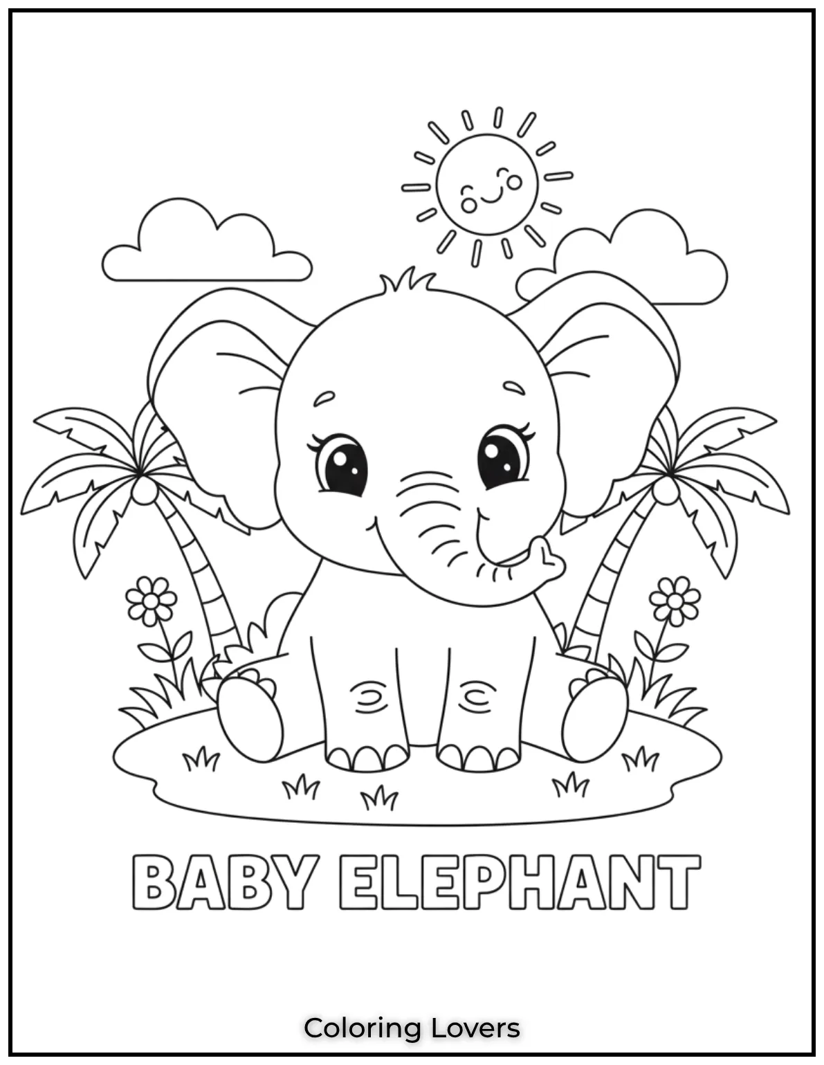 This baby elephant with big floppy ears is full of charm. A lovely coloring activity for little learners