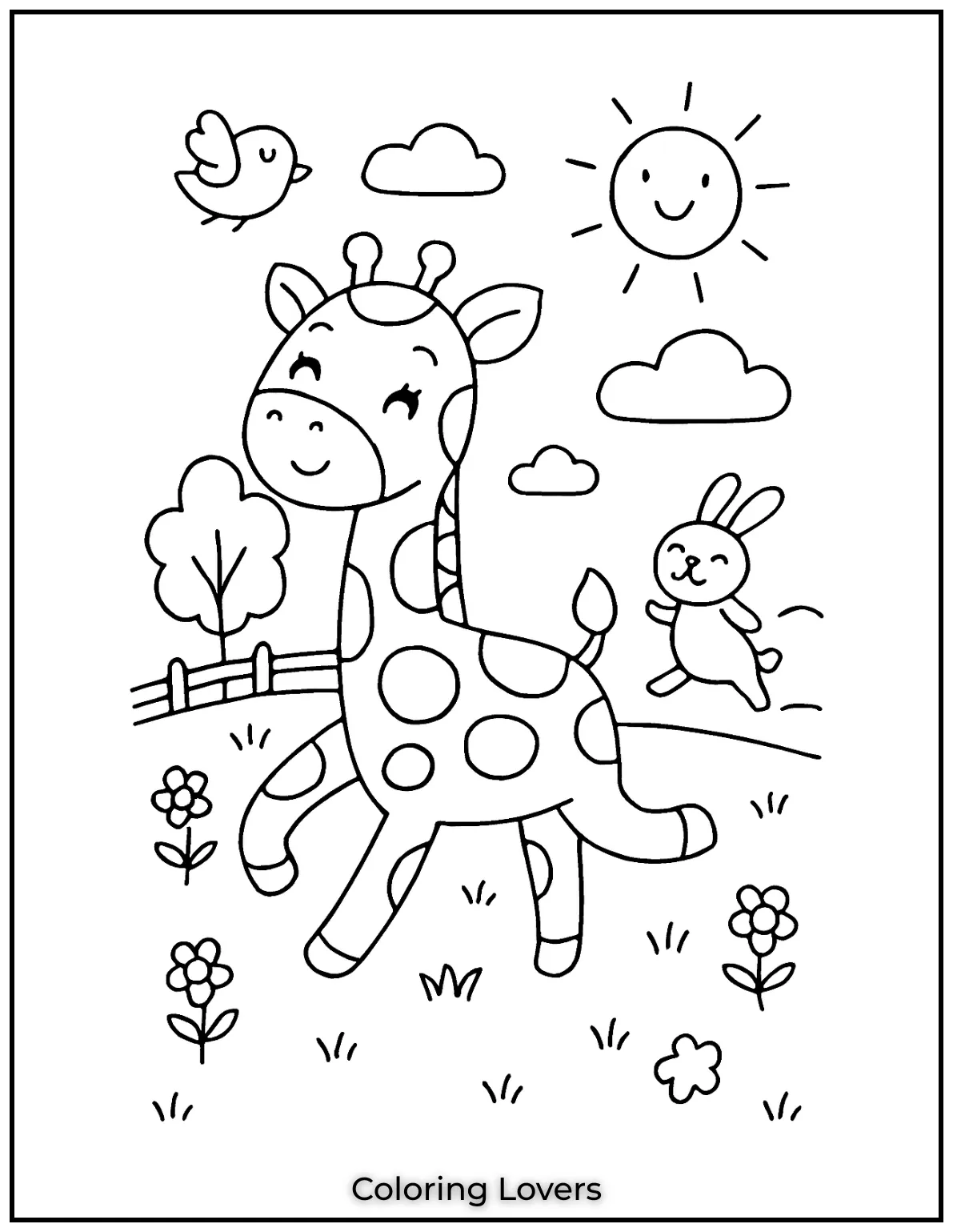 Amazing Giraffe Coloring Pages (Free Printables) 5 This baby giraffe is enjoying a joyful run with a bird and a bunny
