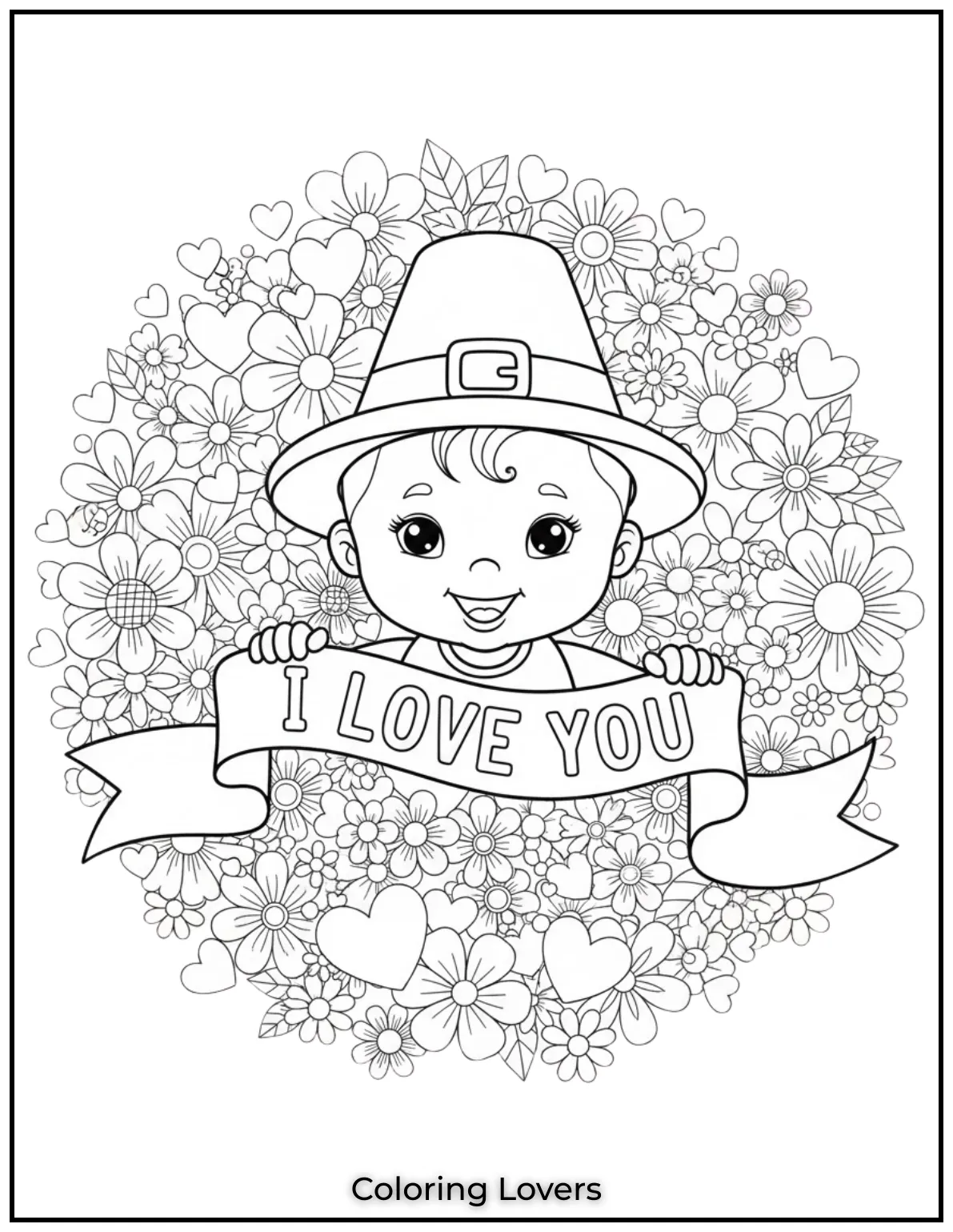 This baby girl holding an I Love You ribbon is surrounded by hearts and flowers. A delightful and heartwarming design for Valentines fun