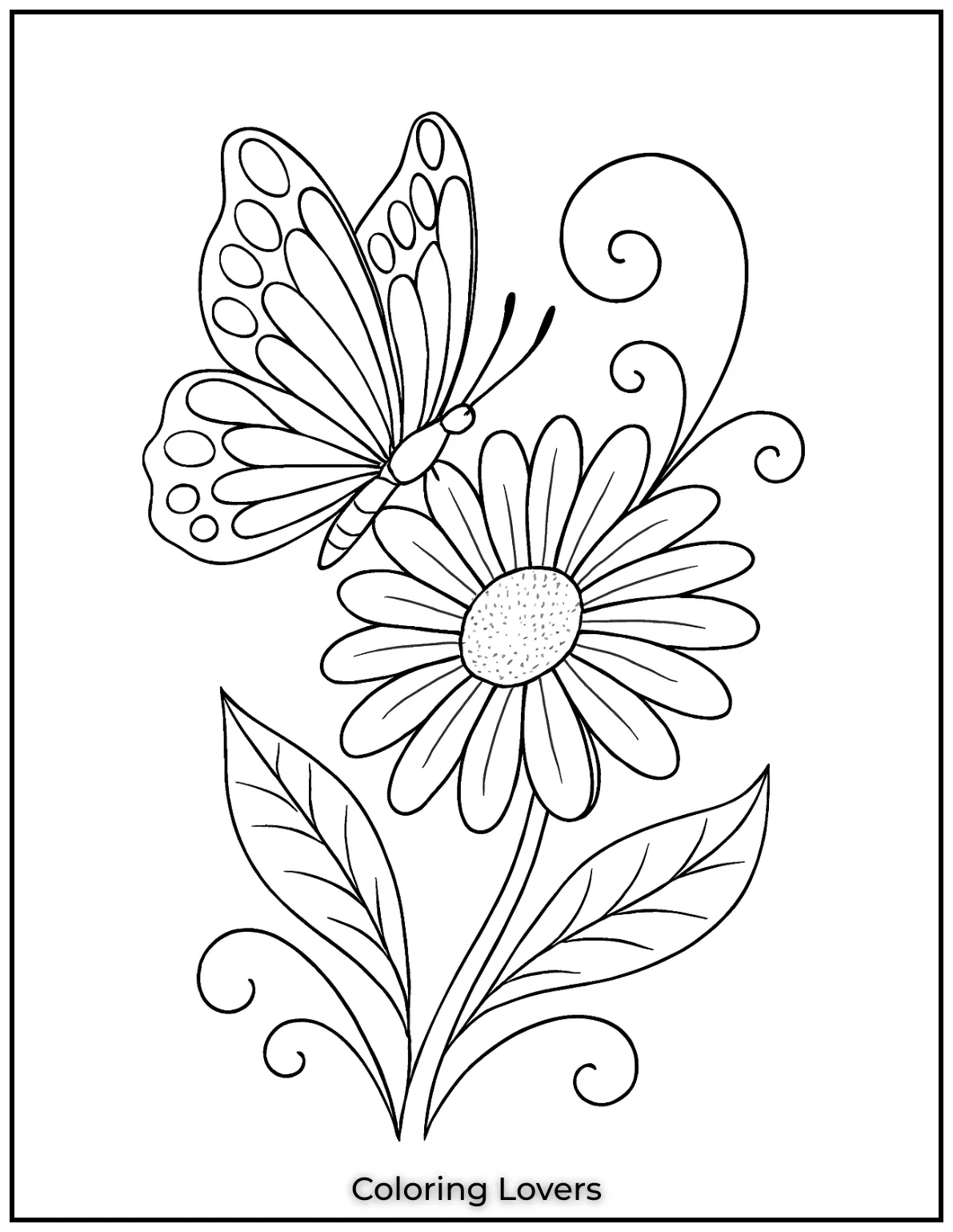 This beautiful butterfly paired with a large daisy flower is the perfect daisy coloring page for anyone who loves both nature and elegance