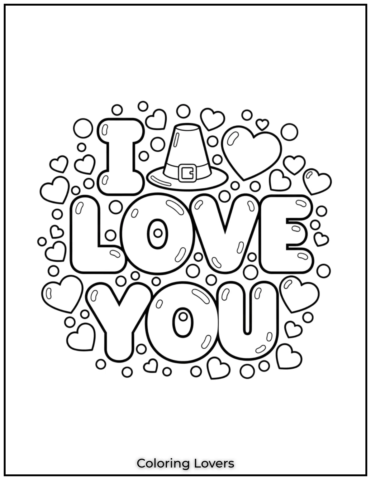 This bold I Love You design is surrounded by hearts making it a fun and vibrant page
