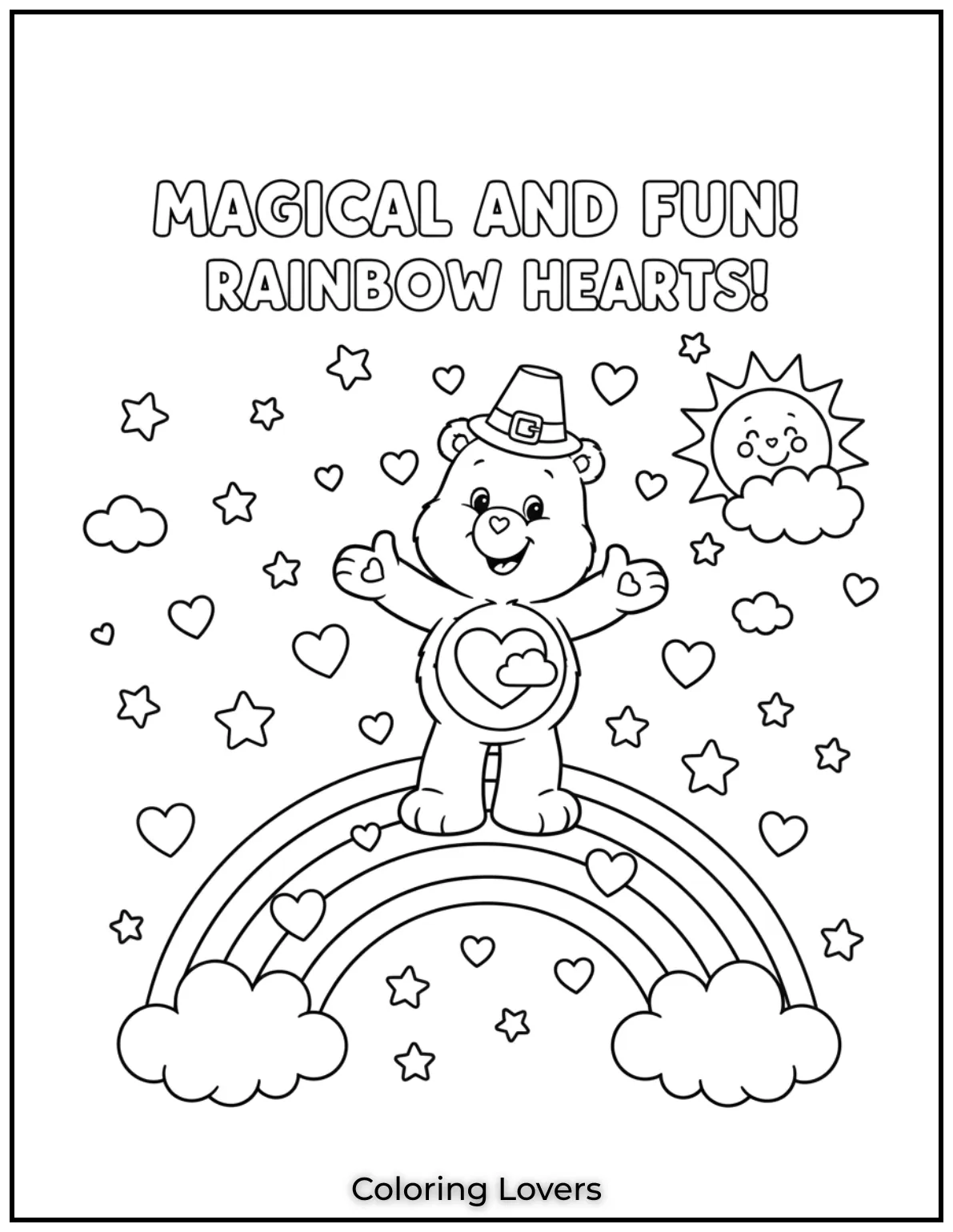 Cute and Classic Pooh Bear Coloring Pages 21 This cheerful Care Bear stands on a rainbow surrounded by hearts. A magical and fun coloring page