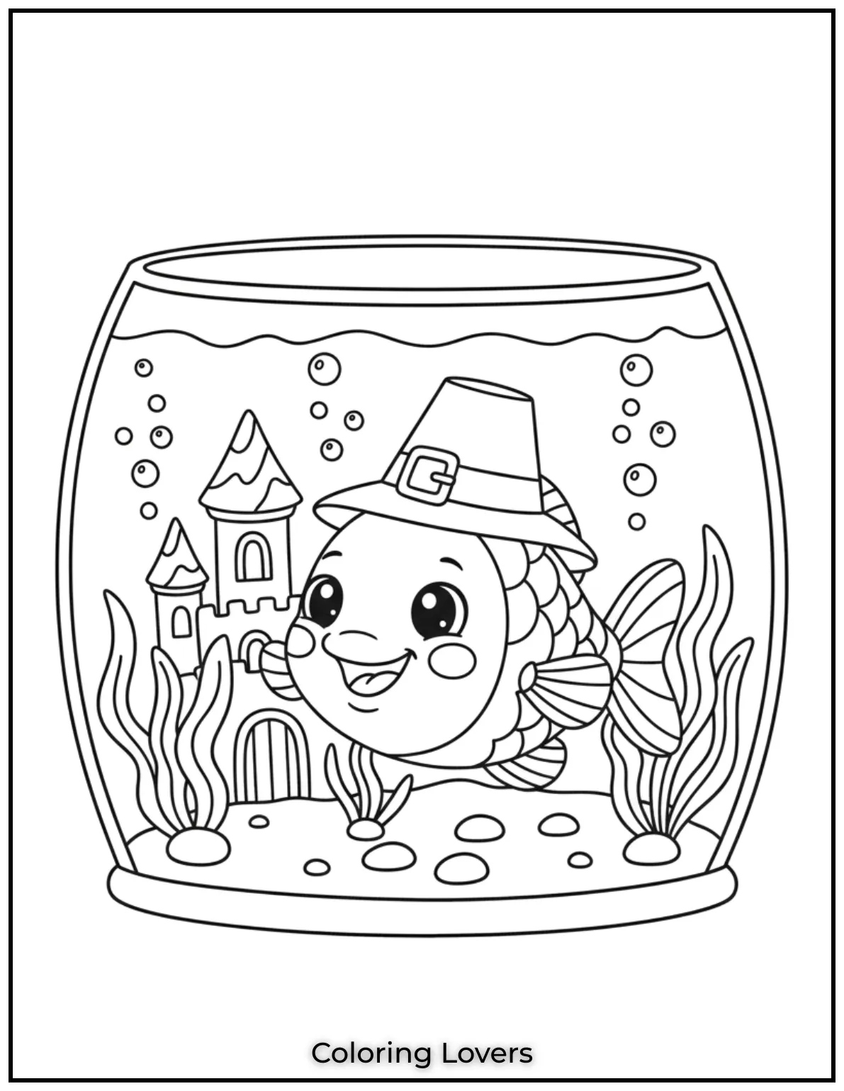 Fish Coloring Pages That Are Free to Downloads 14 This cheerful fish smiles inside its cozy aquarium. A bubbly castle completes the scene