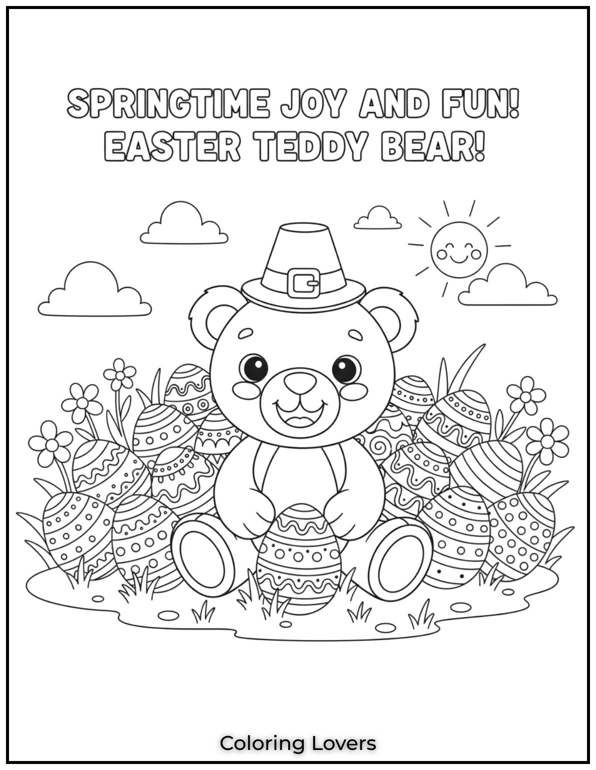 Cute and Classic Pooh Bear Coloring Pages 30 This cheerful teddy bear is surrounded by decorated Easter eggs bringing springtime joy and fun