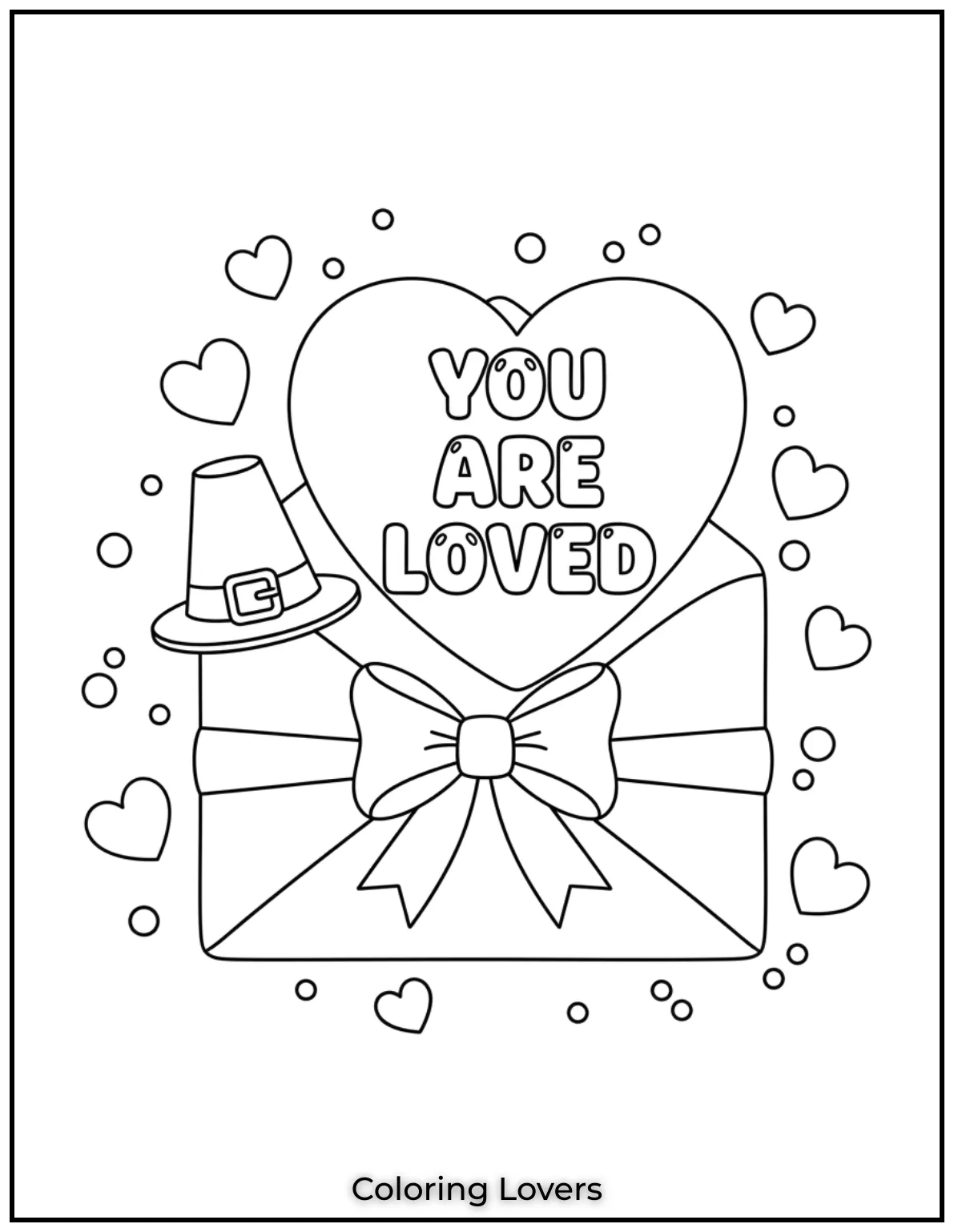 This coloring page features a heartfelt message saying You Are Loved tucked into a decorative envelope with a bow