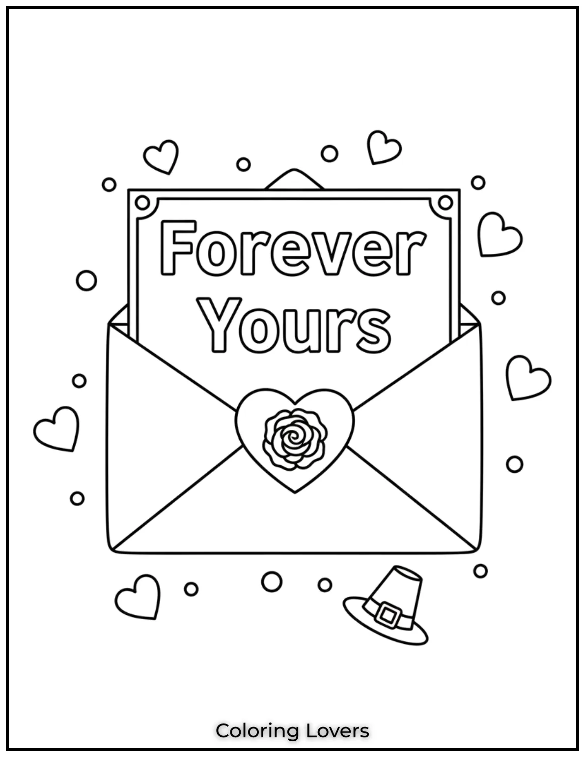 This coloring sheet showcases an elegant envelope sealed with a rose emblem containing a note that says Forever Yours. It beautifully conveys lasting love and devotion