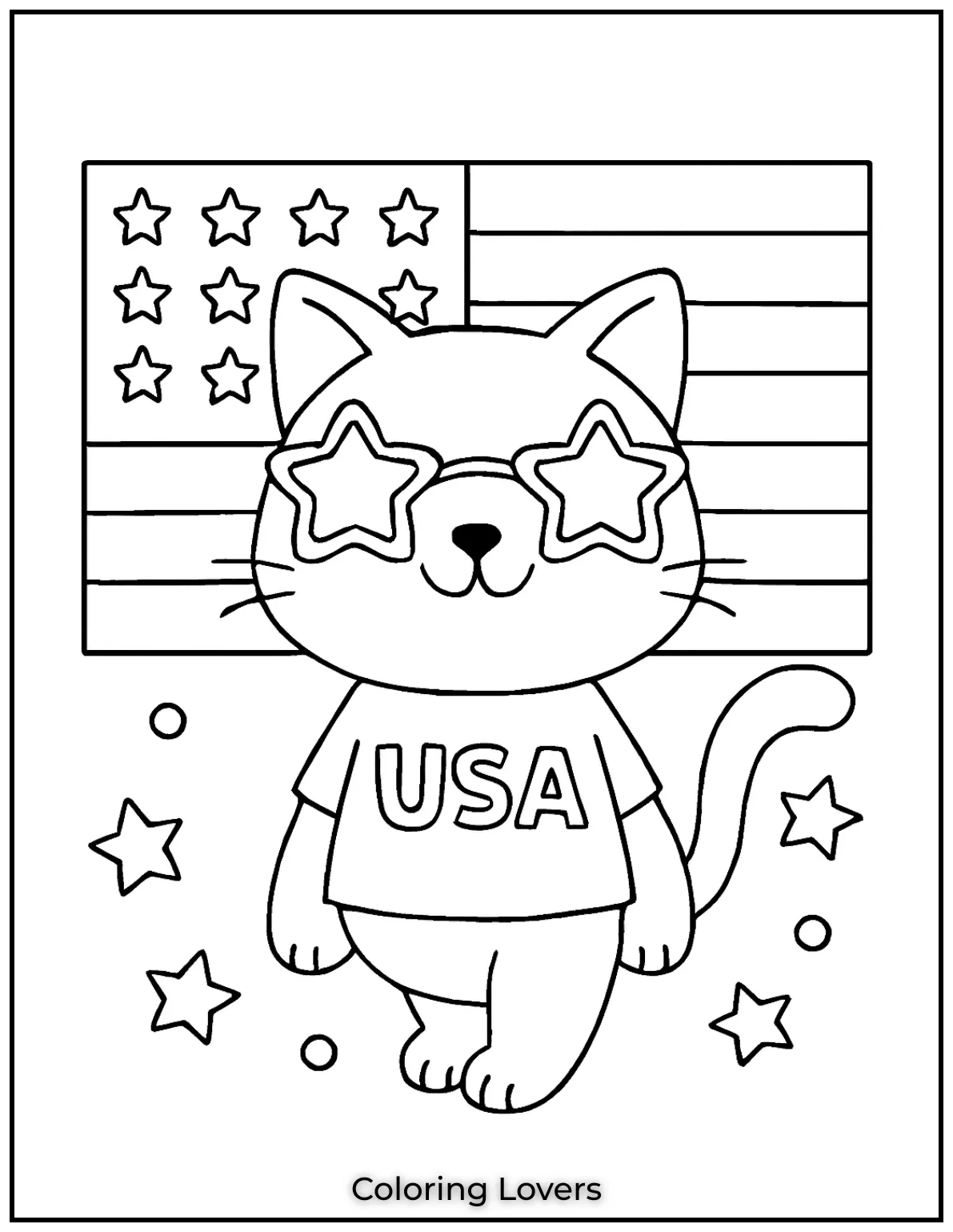 This cool cat rocks star shades in front of the flag. A chill and stylish Fourth of July vibe