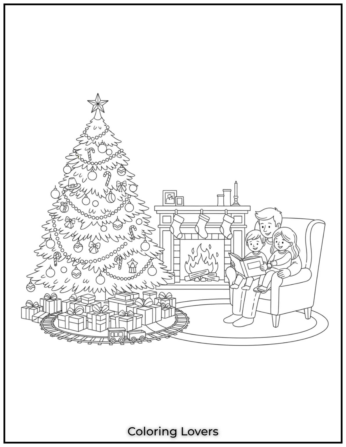 Free Printable Christmas Tree Coloring Pages 24 This cozy family moment by the Christmas tree is the perfect scene for the holidays