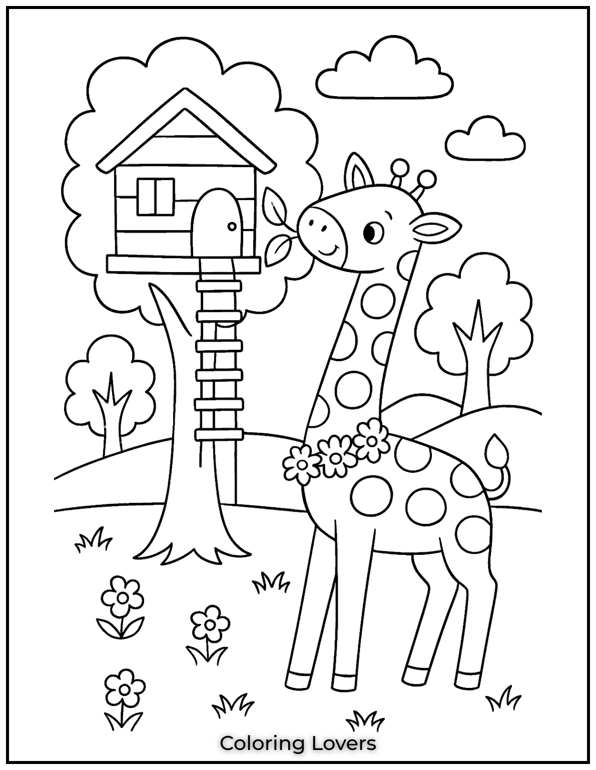 Amazing Giraffe Coloring Pages (Free Printables) 22 This curious giraffe explores a treehouse inviting kids to imagine a fun adventure. This giraffe coloring page encourages creativity and