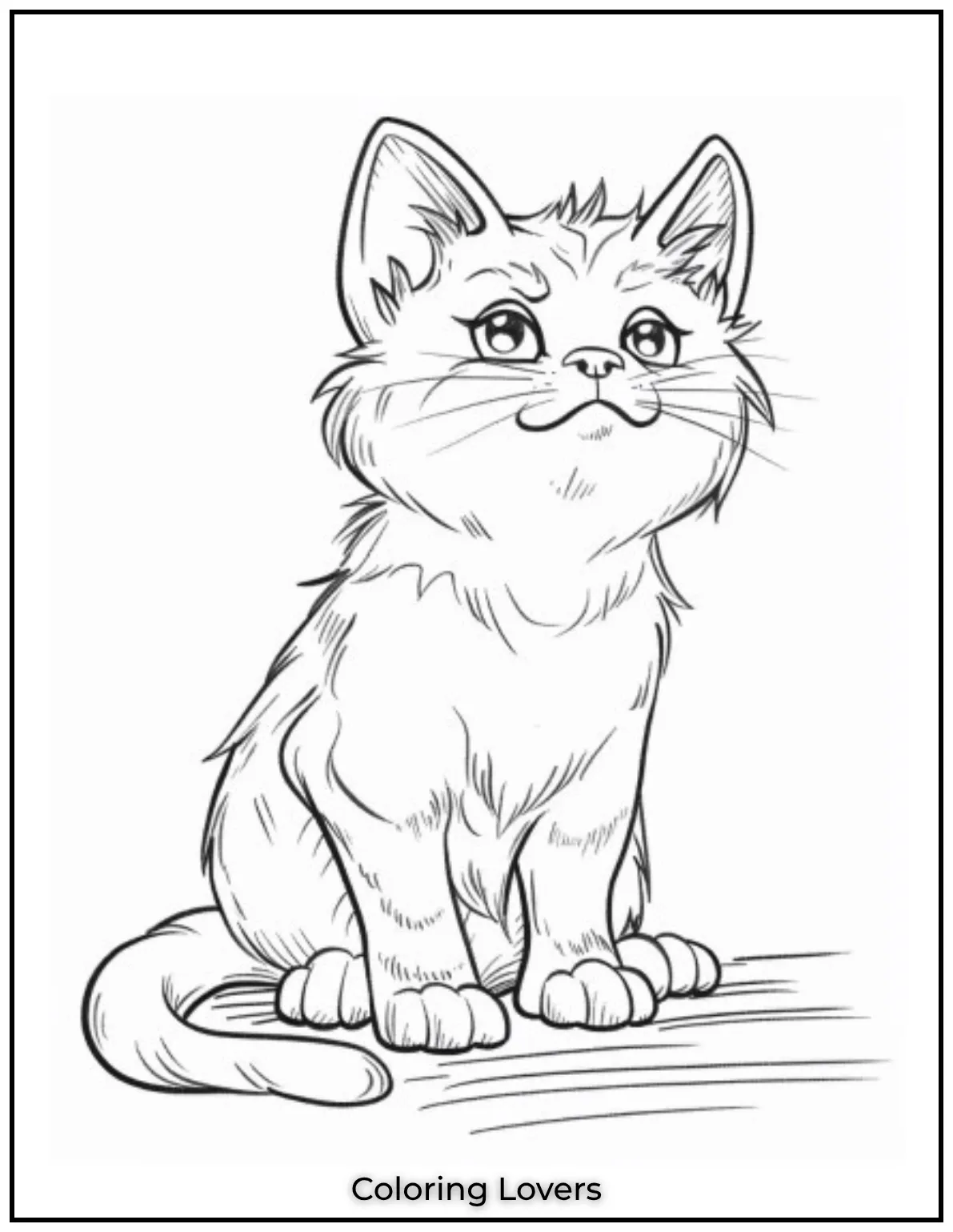 Fun and Free Cat Coloring Pages for Kids and Adults 11 This curious kitten is full of wonder ready for kids to color. Perfect for cute kitten coloring pages lovers
