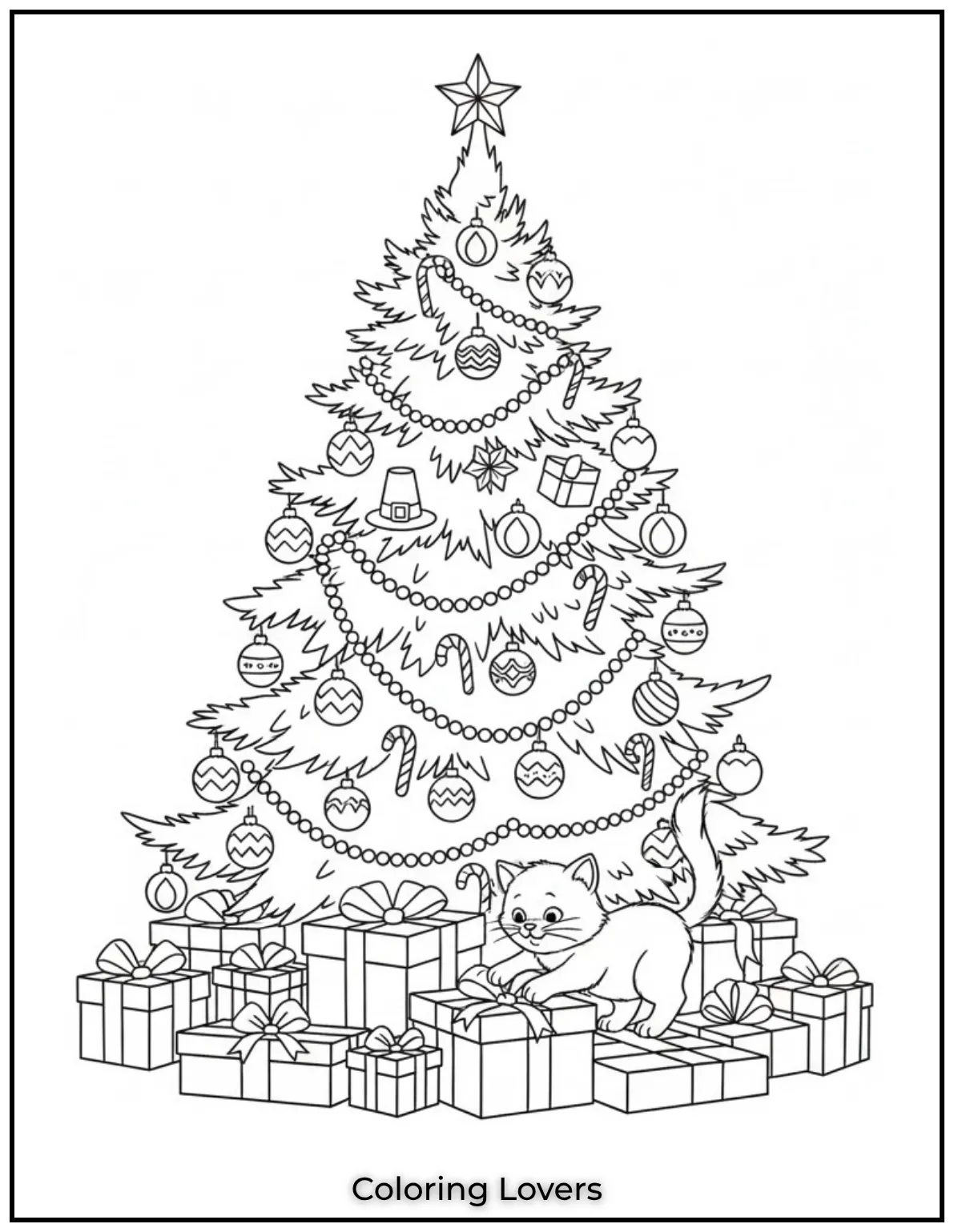 Free Printable Christmas Tree Coloring Pages 30 This curious kitty just cant resist playing under the Christmas tree. A delightful holiday scene for any cat lover to enjoy