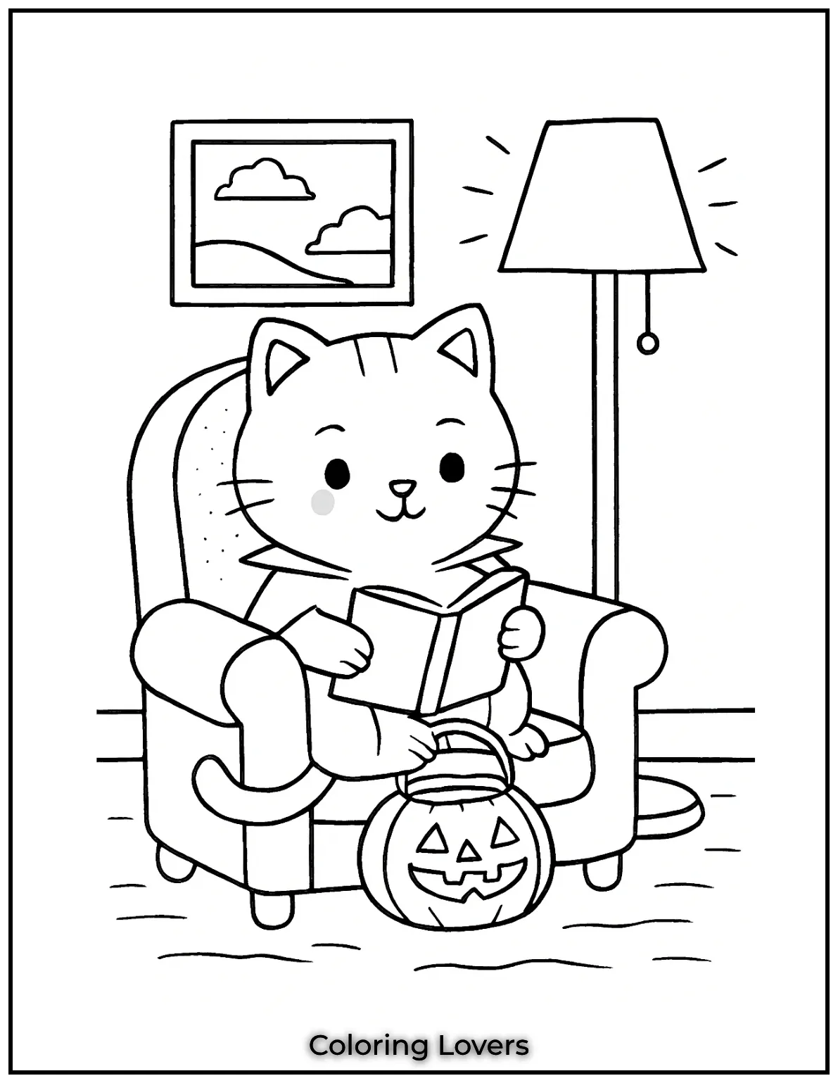Fun and Free Cat Coloring Pages for Kids and Adults 3 This curious little kitty cozy in its chair is lost in a good book under the glow of a warm lamp