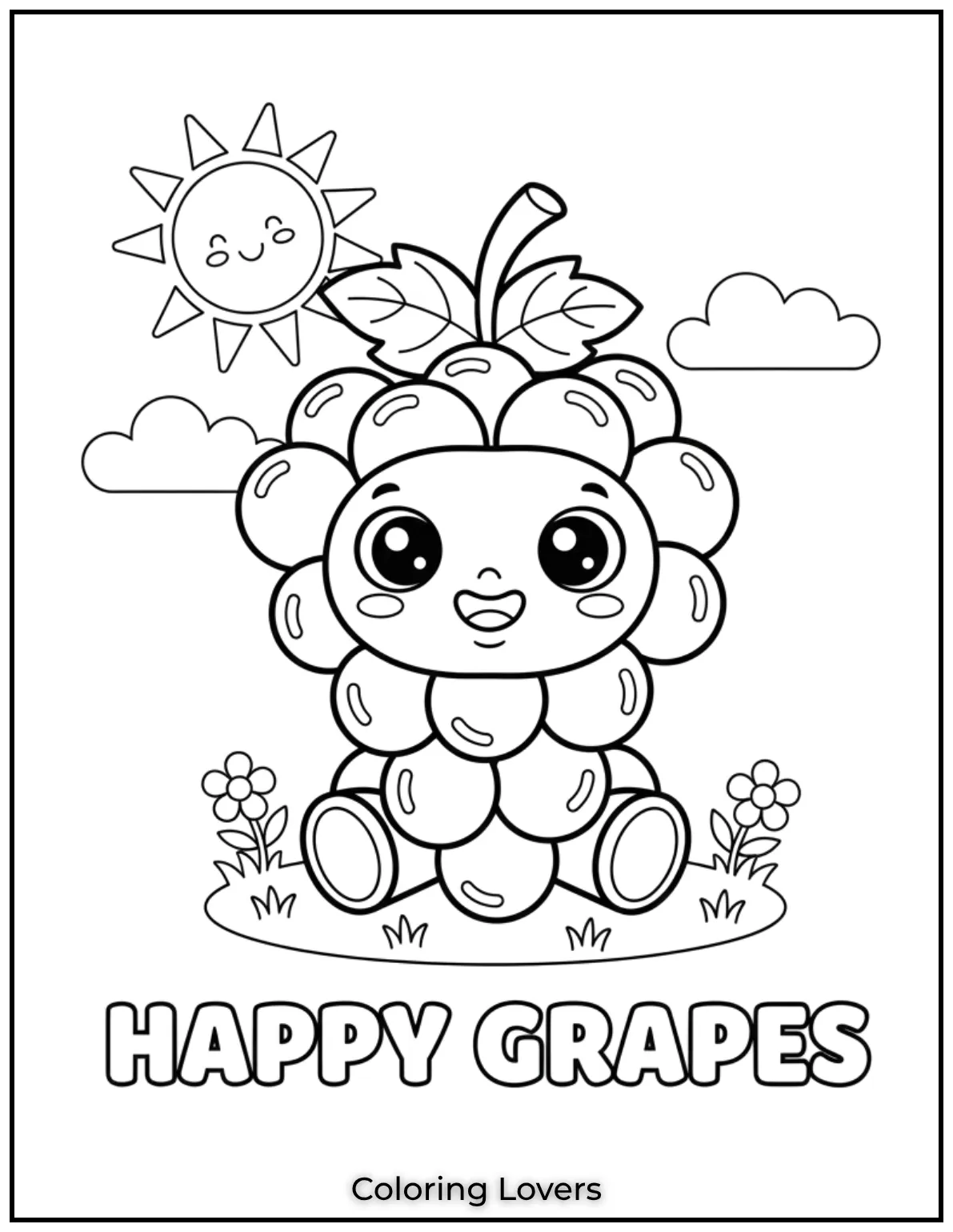 This cute bunch of grapes is full of character. A great coloring page to encourage creativity