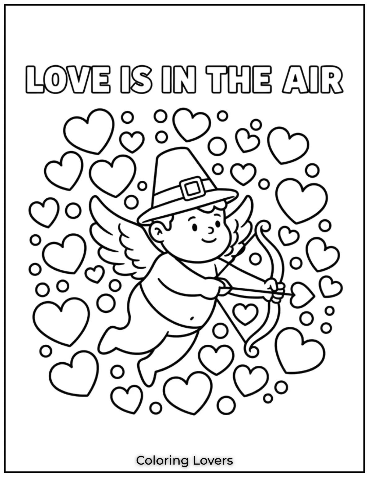 This cute cupid aiming its arrow fills the scene with hearts and the loving phrase Love is in the Air
