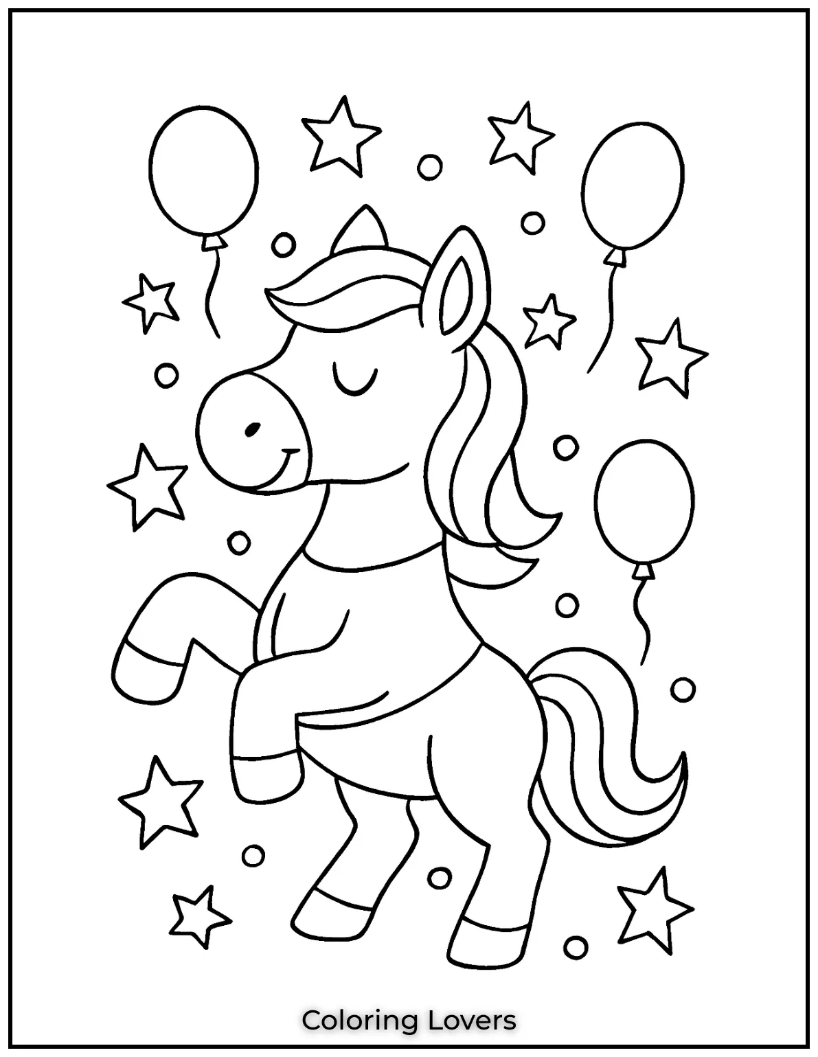 This cute horse prances through balloons and stars. A fun and cheerful parade scene