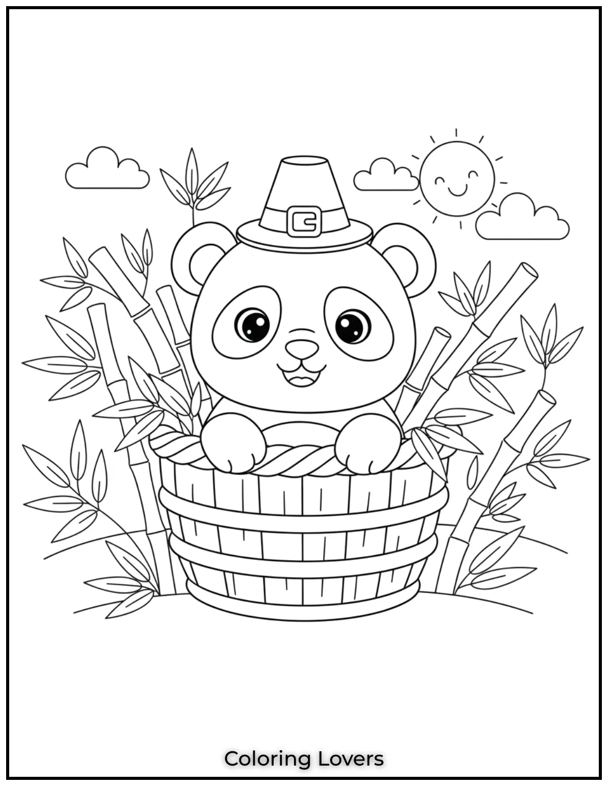 Cute and Classic Pooh Bear Coloring Pages 39 This cute panda bear peeks out from a wooden basket surrounded by bamboo leaves. A fun and cute scene to color