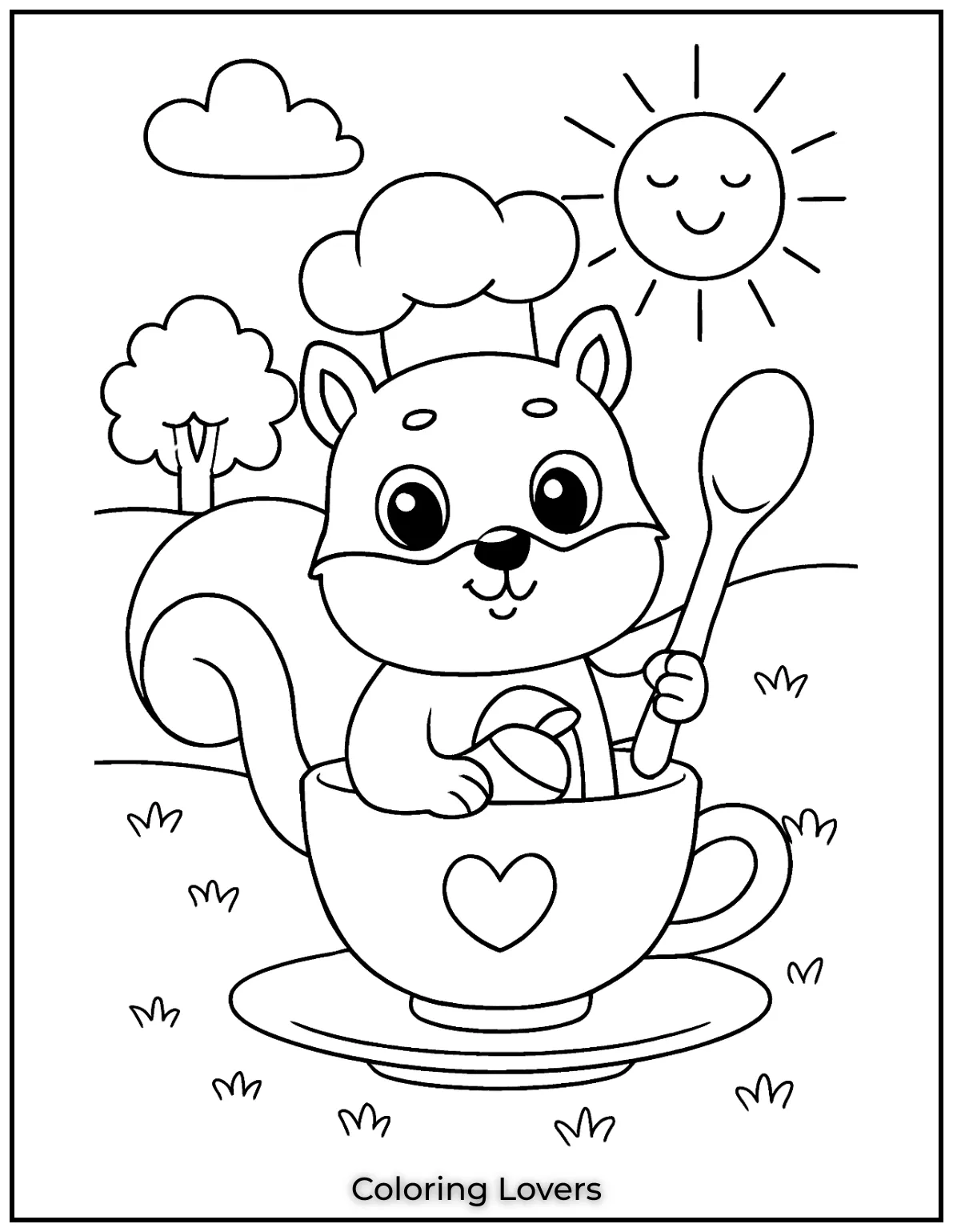 This cute squirrel is snug inside a teacup looking cozy and curious. Its a sweet squirrel coloring page for kids to color and enjoy