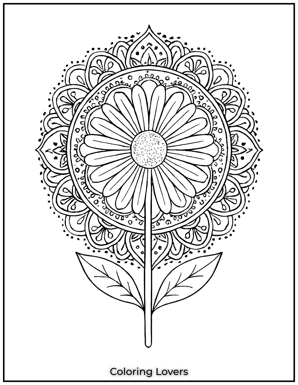 This daisy coloring page combines the beauty of a single daisy with the intricacy of a mandala. Its a fun and detailed design perfect for all ages