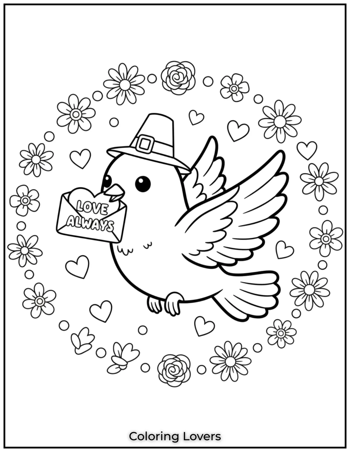 This dove flying with a love letter and surrounded by flowers spreads a heartfelt Valentines message. A beautiful way to share love through coloring