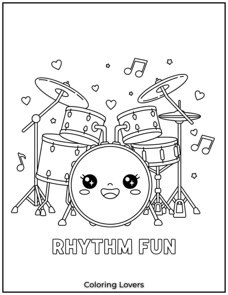 This drum set is perfect for little music lovers. Coloring pages for toddlers like this make learning about rhythm fun