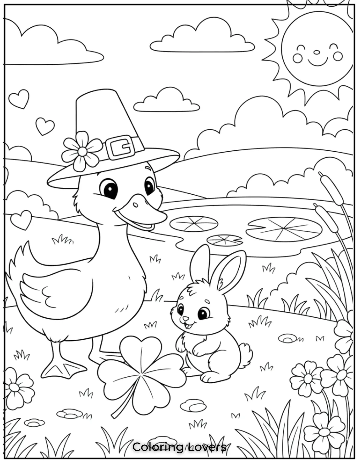 Duck Coloring Pages That Kids Like the Most 34 This duck coloring page shows a duck and bunny admiring a clover—inviting kids to add bright colors to their friendship