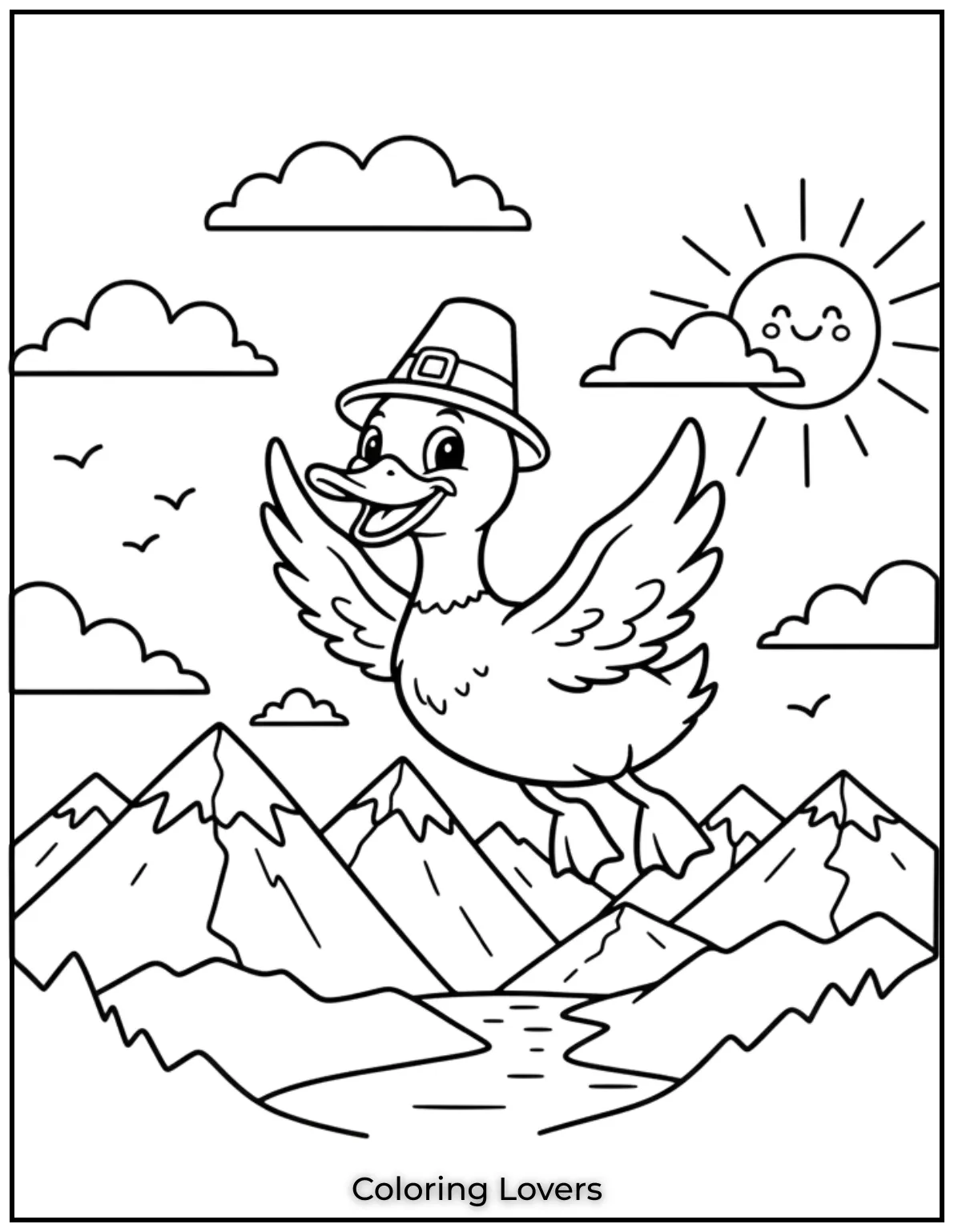 Duck Coloring Pages That Kids Like the Most 37 This duck coloring page shows a duck soaring over mountain peaks inviting little artists to bring this breathtaking view to life