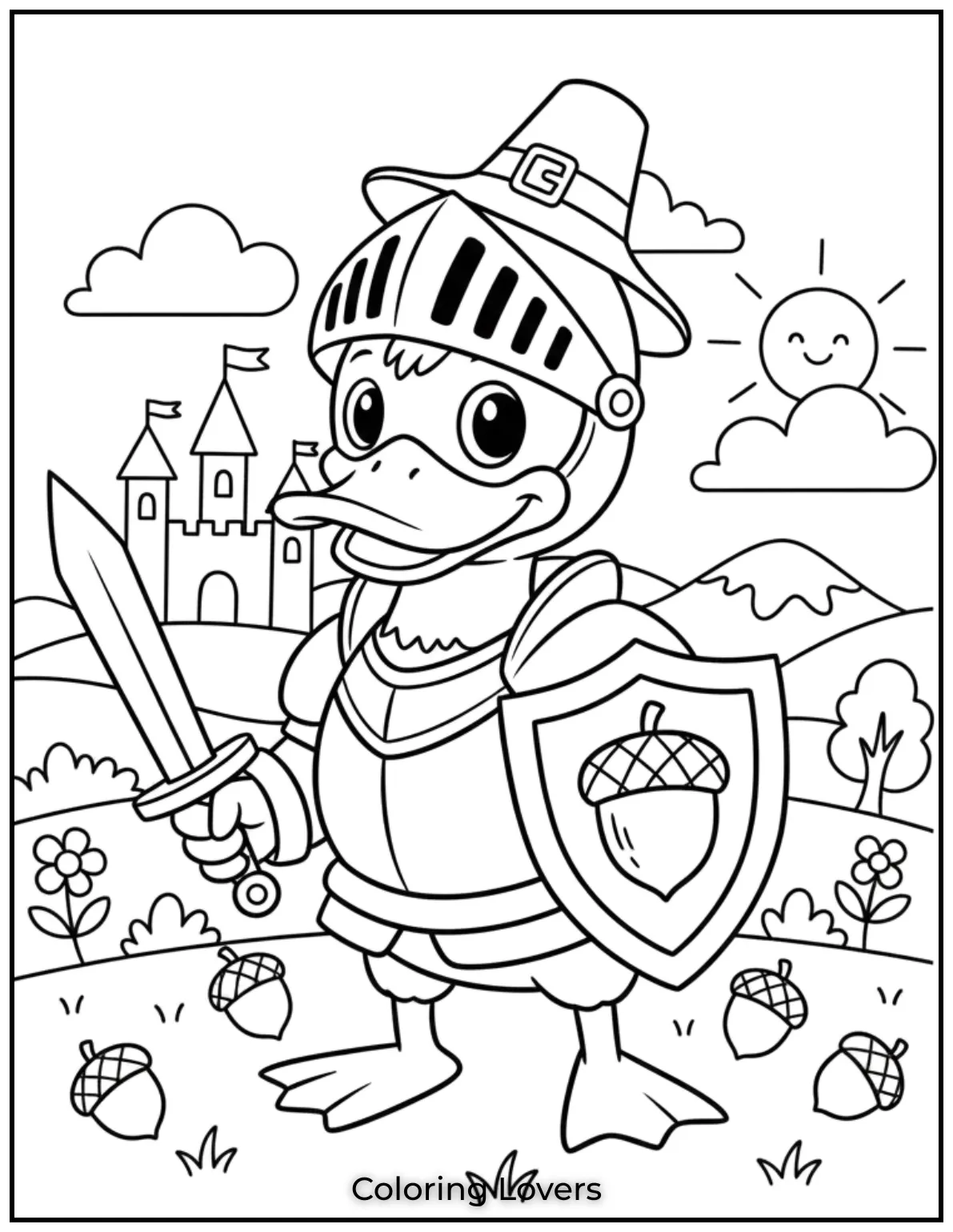 Duck Coloring Pages That Kids Like the Most 26 This fearless knight duck complete with armor and acorns on the ground is ready for a battle of colors