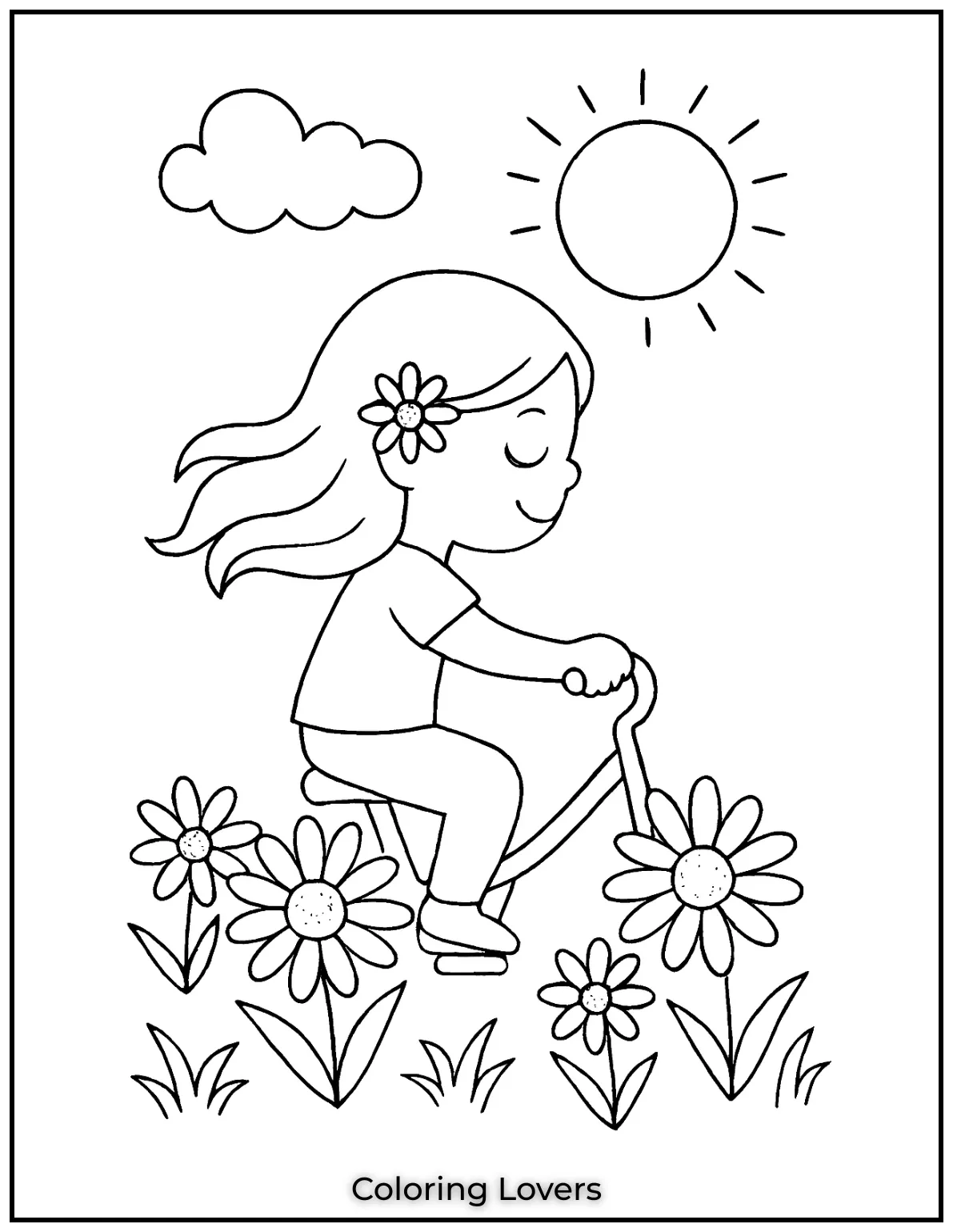 This free printable coloring page shows a girl riding a bike made of daisies. Its a playful scene that kids will love to color