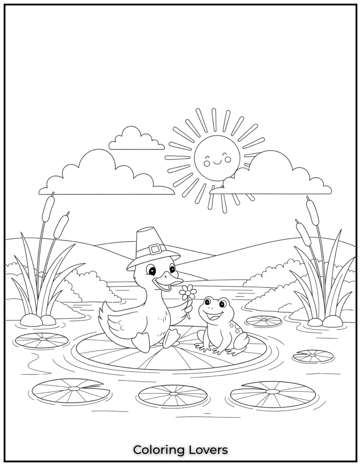 Duck Coloring Pages That Kids Like the Most 29 This friendly scene of a duck and frog by the pond is perfect for kids to bring to life with color