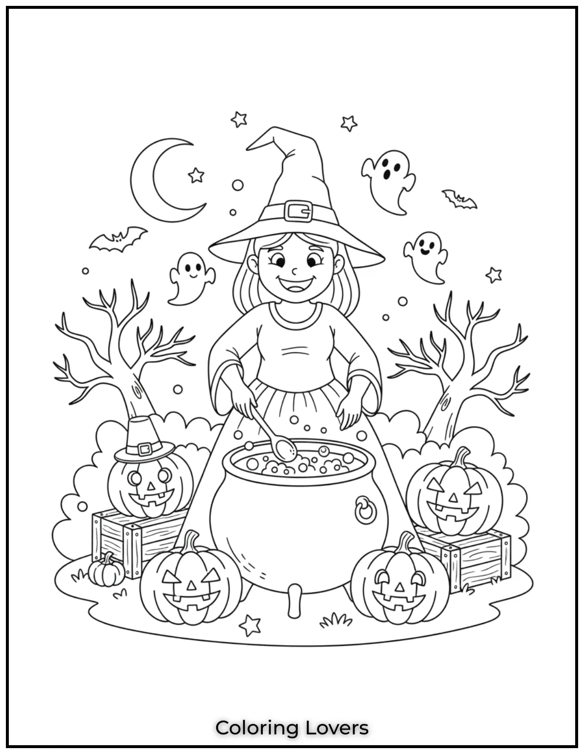 This friendly witch is busy brewing something magical surrounded by smiling pumpkins