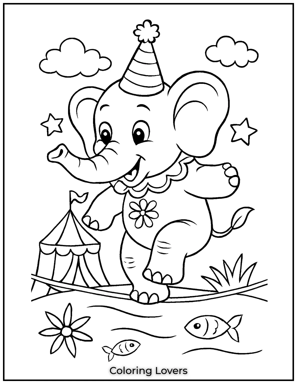 Unique Elephant Coloring Pages for Kids 25 This fun circus elephant balances on a tightrope. A lively page for imaginative coloring 1