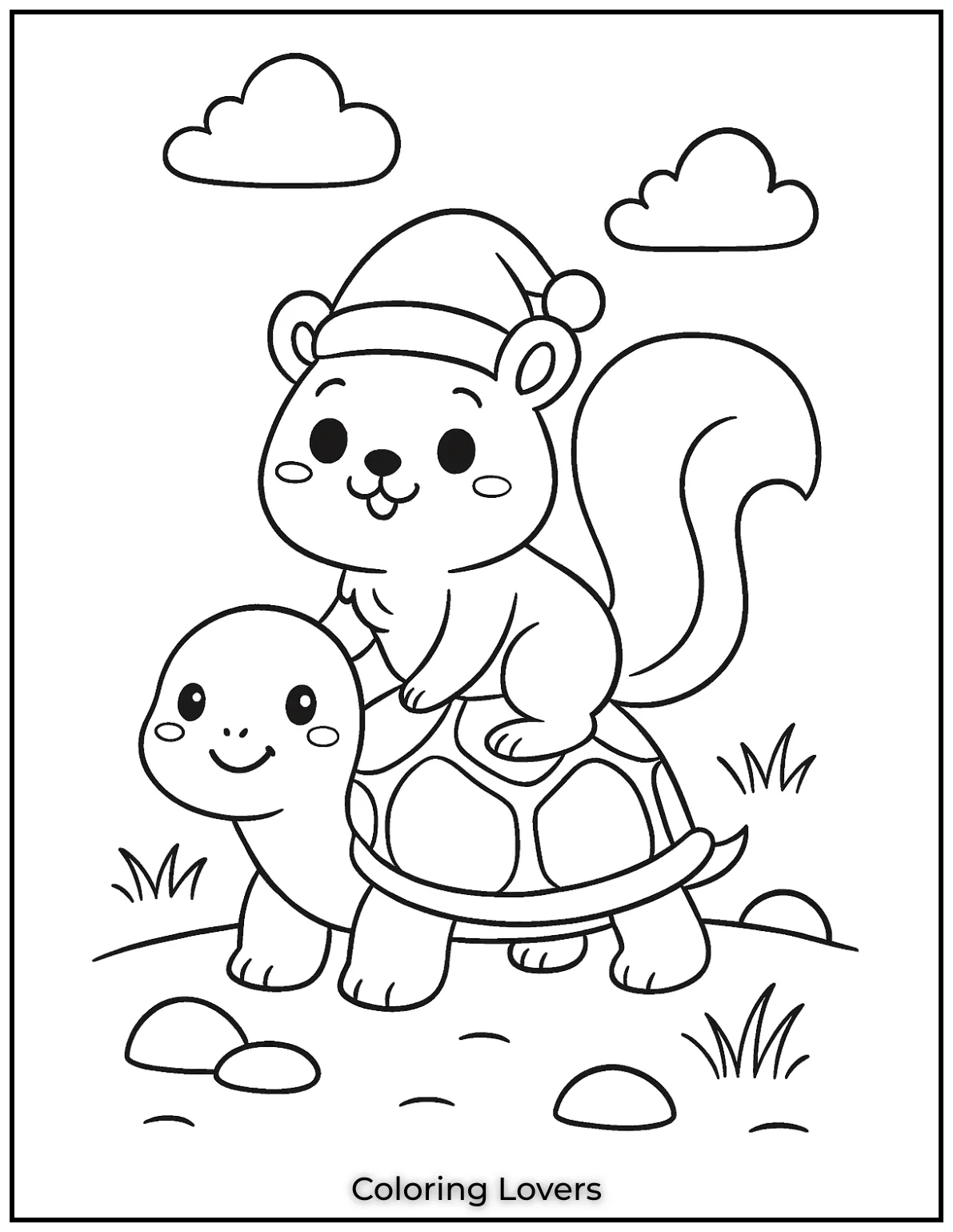 This fun coloring page shows a squirrel hitching a ride on a friendly turtle. I thought it would be a great way to teach children about animal friendships