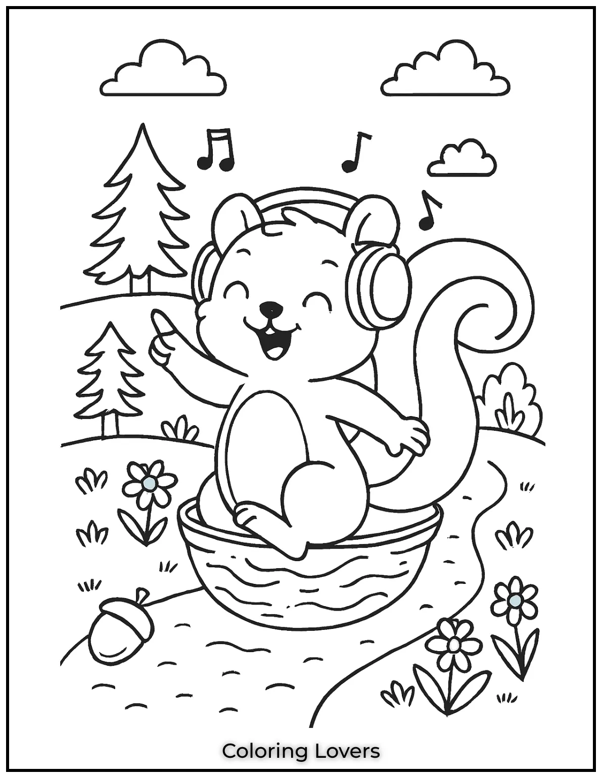 This fun squirrel is dancing to its favorite tunes with headphones on. A great squirrel coloring page for kids to add vibrant energy to