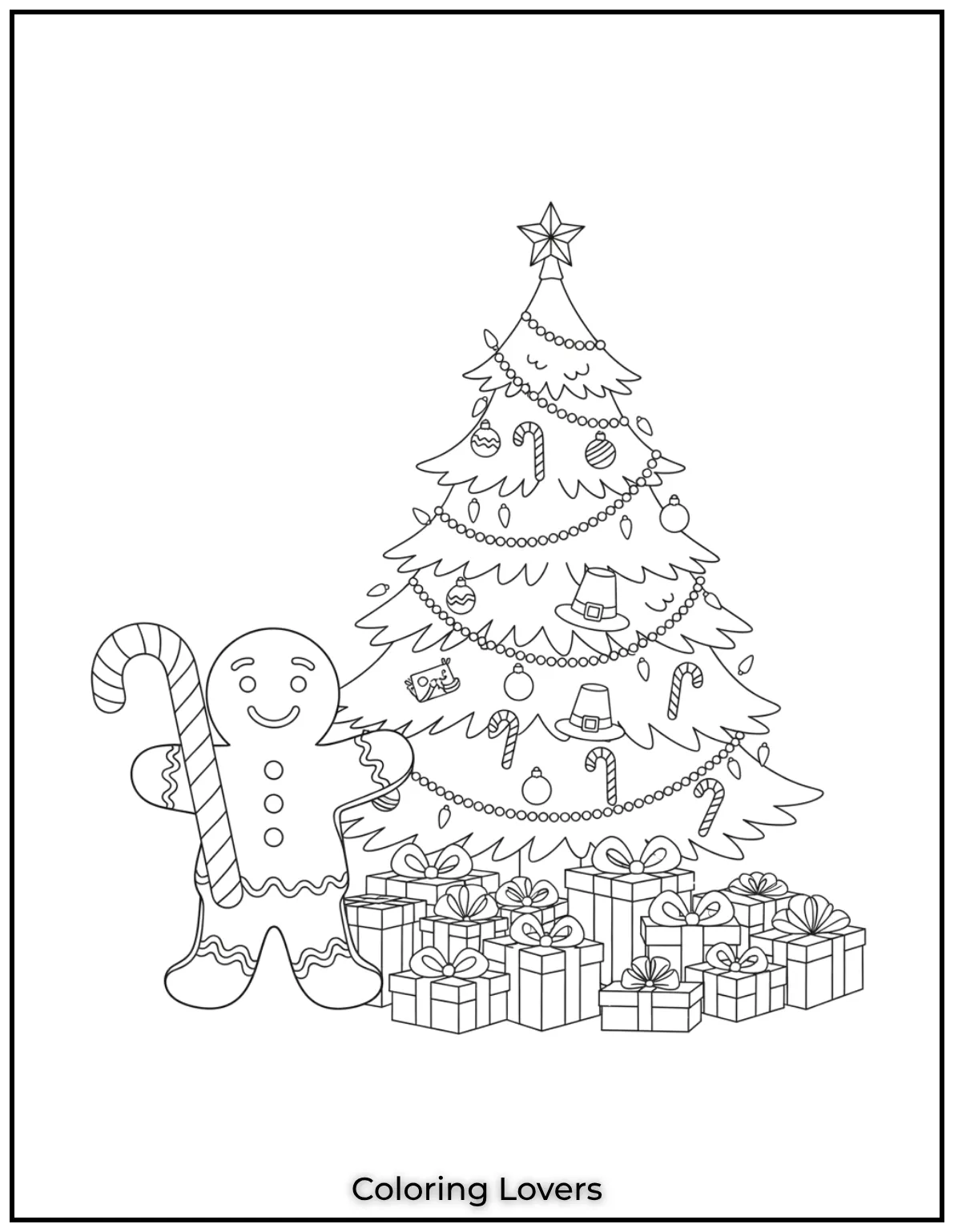 Free Printable Christmas Tree Coloring Pages 21 This gingerbread man is ready to spread holiday cheer with his candy cane and a beautiful Christmas tree