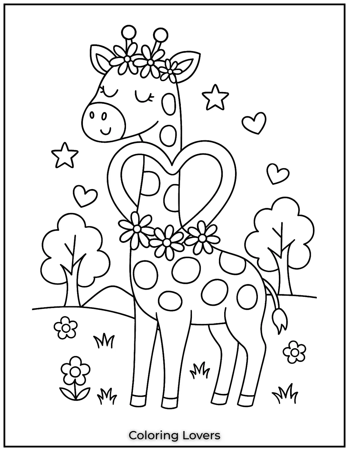 Amazing Giraffe Coloring Pages (Free Printables) 18 This giraffe looks lovely adorned with a daisy garland