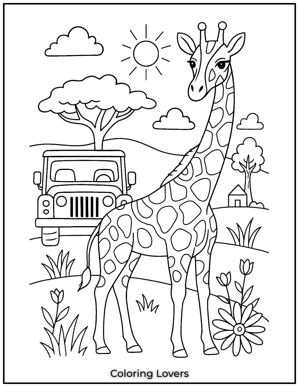 Amazing Giraffe Coloring Pages (Free Printables) 33 This giraffe stands tall next to a safari vehicle capturing the essence of adventure. This giraffe coloring page invites adults to enjoy coloring while imagining a wild safari journey