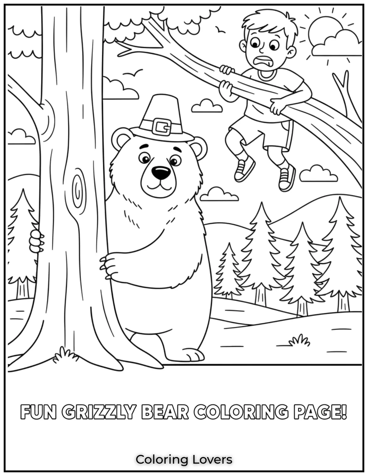 Cute and Classic Pooh Bear Coloring Pages 14 This grizzly bear hides behind a tree while someone clings to a branch. A fun addition to your printable grizzly bear coloring pages