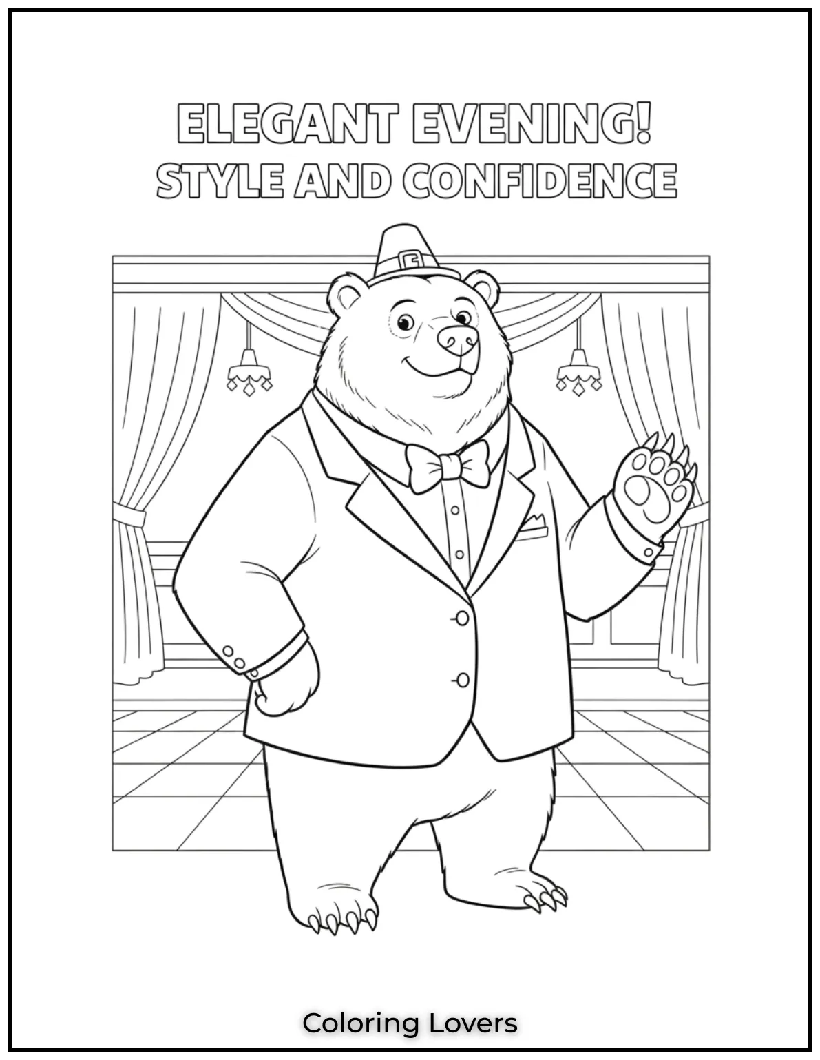 Cute and Classic Pooh Bear Coloring Pages 11 This grizzly bear looks elegant in a tuxedo and bow tie ready for a grand evening with style and confidence