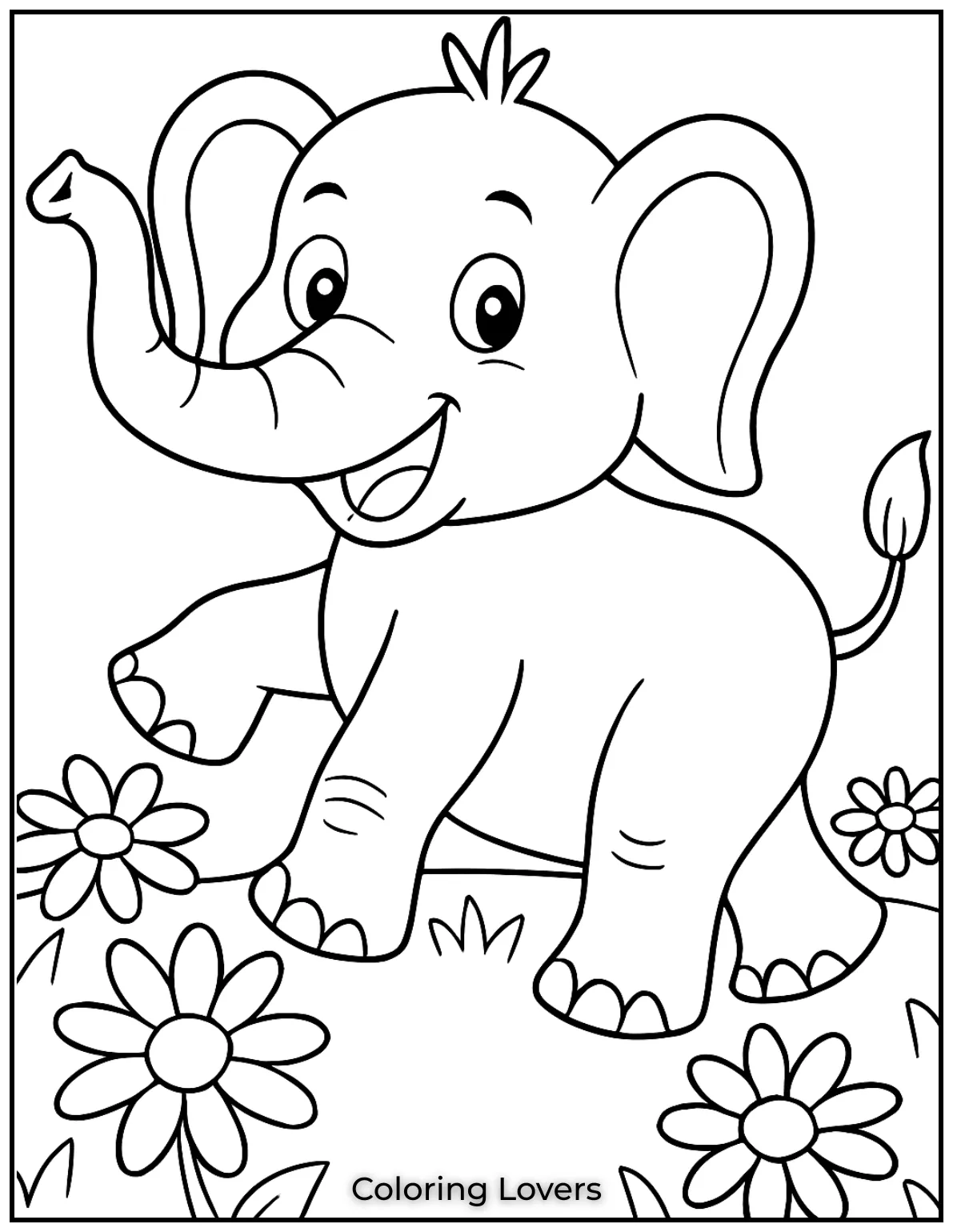 Unique Elephant Coloring Pages for Kids 33 This happy elephant walking among daisies is a cheerful elephant coloring page for kids 1