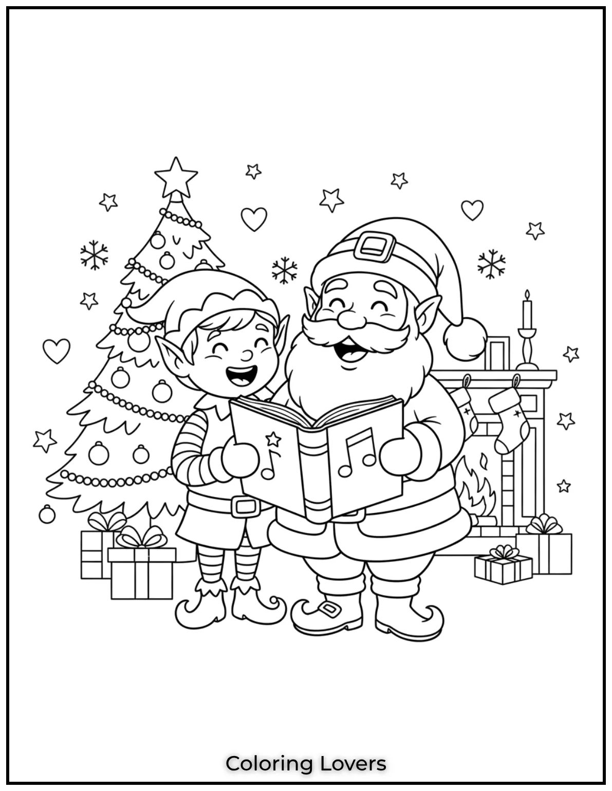 This happy scene of Santa and his elf singing carols was so much fun to create. I hope it inspires kids to color and sing along 1