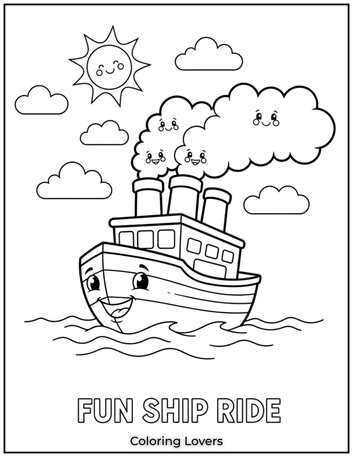 This happy ship sails smoothly across the water blowing puffy clouds of steam. A great way to introduce transportation fun