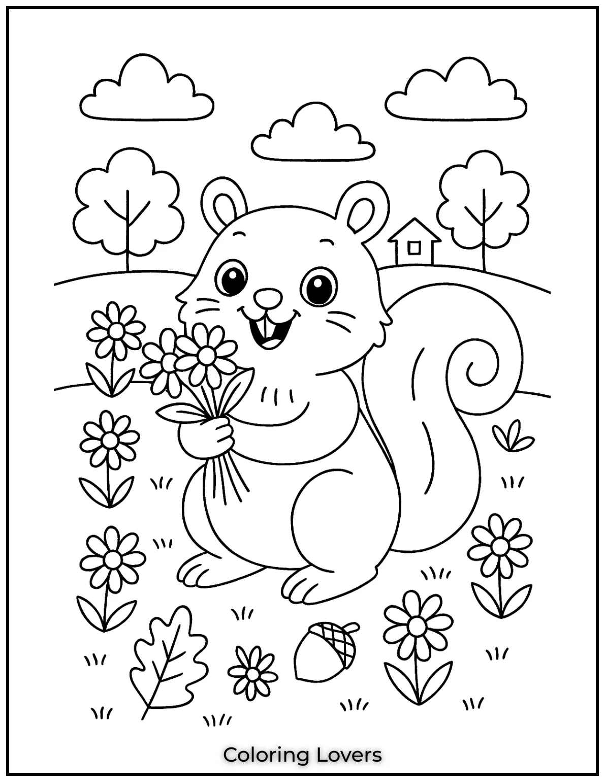 This happy squirrel is holding a bunch of flowers surrounded by daisies. Its a simple joyful moment that I loved illustrating for you