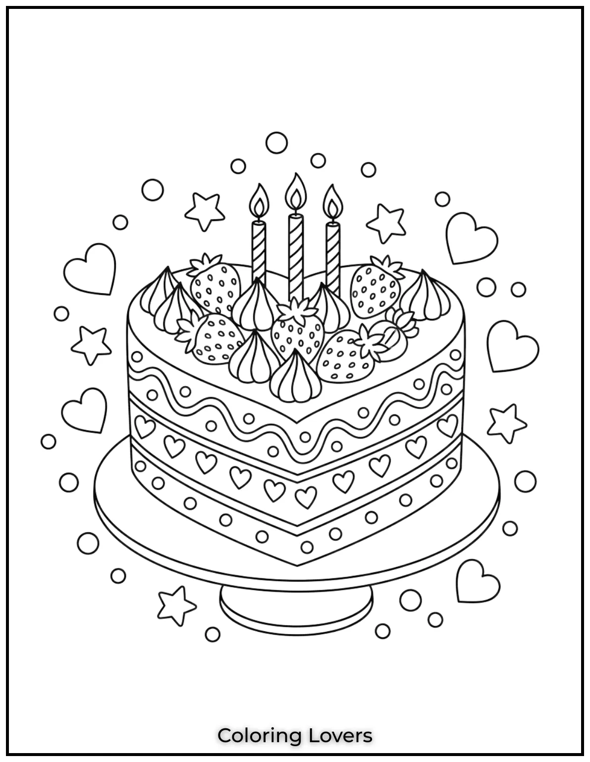 This heart shaped cake topped with strawberries is perfect for a special birthday. Its a fun and delicious heart coloring page