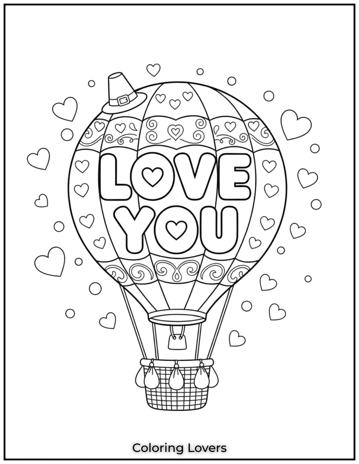 This hot air balloon with Love You takes love to new heights with its charming design. A wonderful addition to printable Valentines Day coloring pages