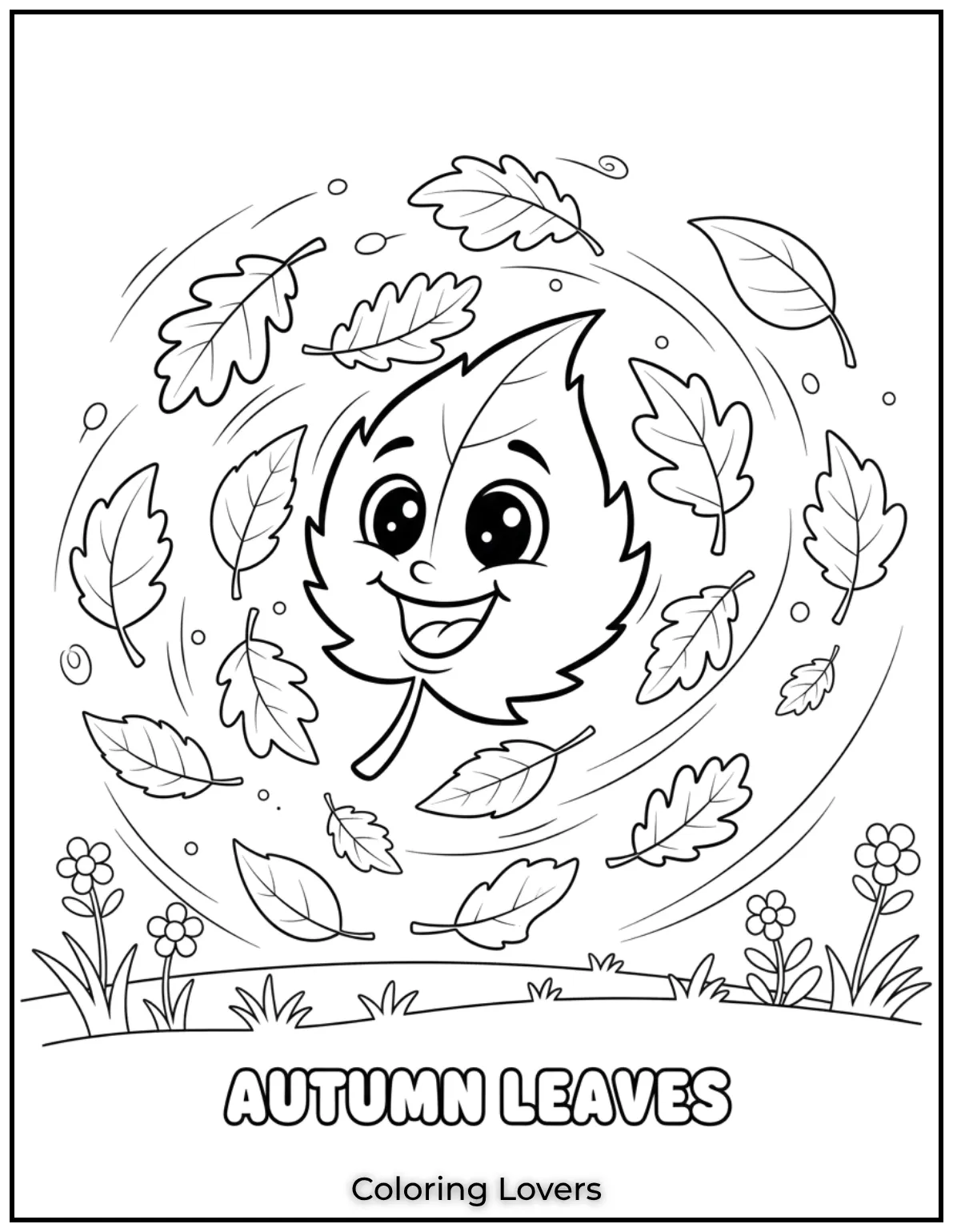 This joyful leaf swirls in the autumn breeze with others around it. A lovely preschool coloring activity for fall