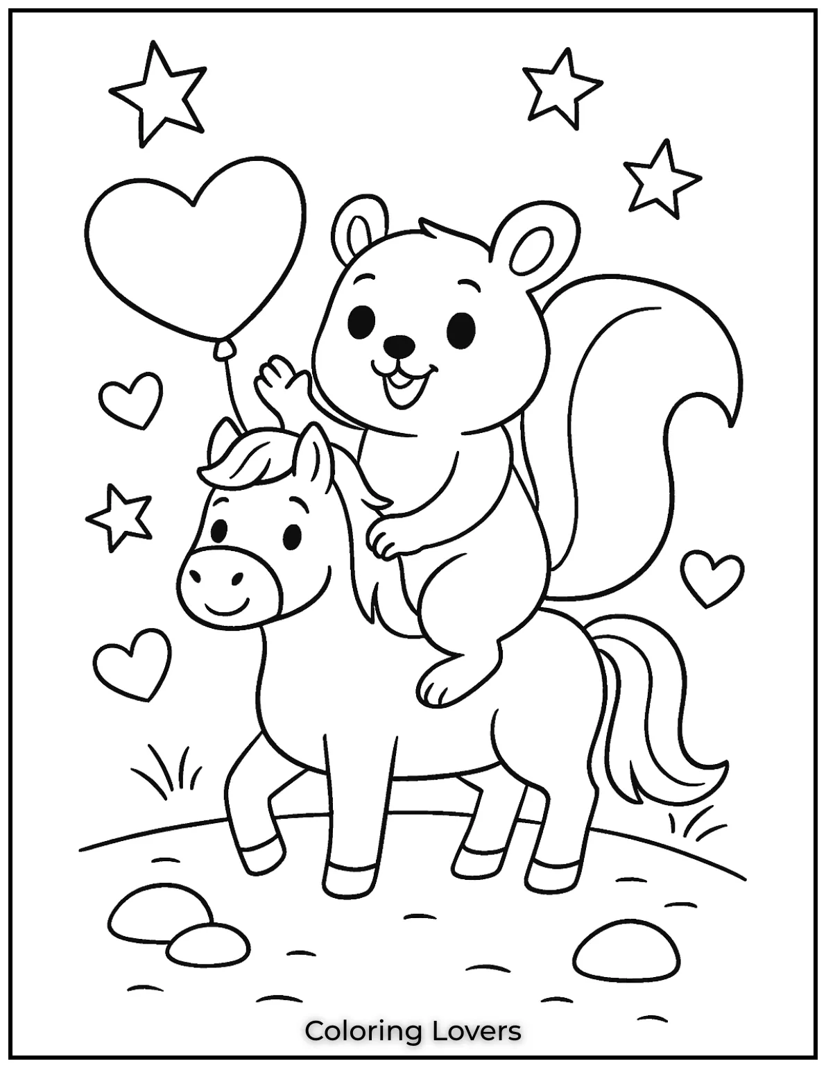 This joyful squirrel is ready for an adventure on his trusty horse. I wanted to capture their playful spirit making it a fun scene to color