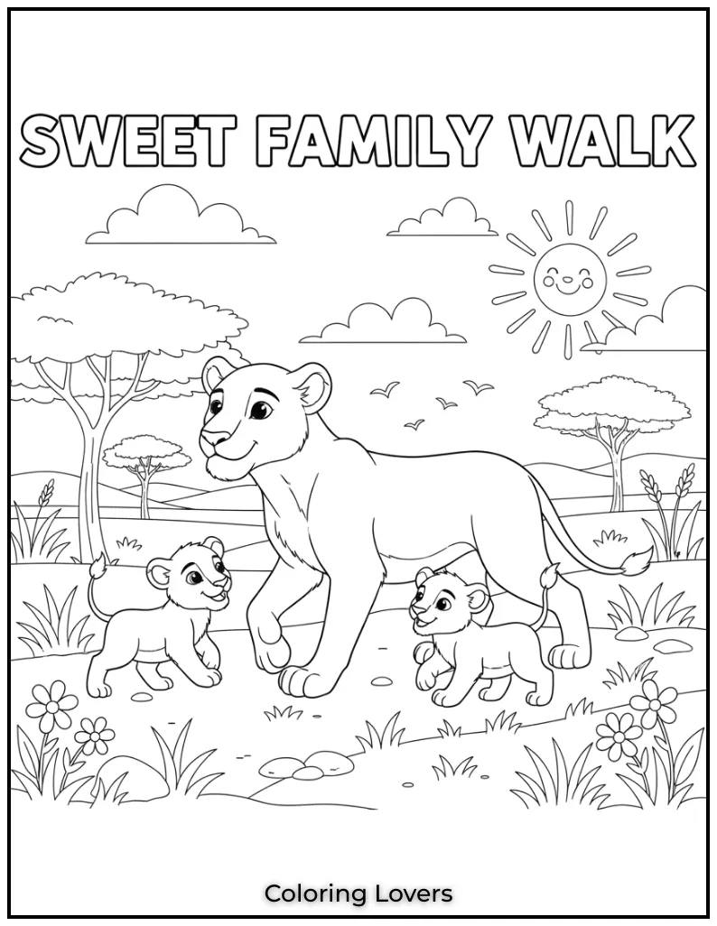 This lioness walking with her cubs is such a sweet sight. I enjoyed drawing the bond between them